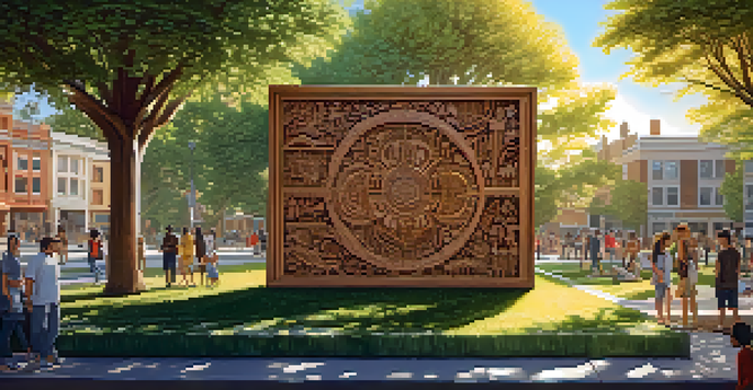 A large wooden relief carving in a park, surrounded by people discussing and interacting with the artwork under the sun.