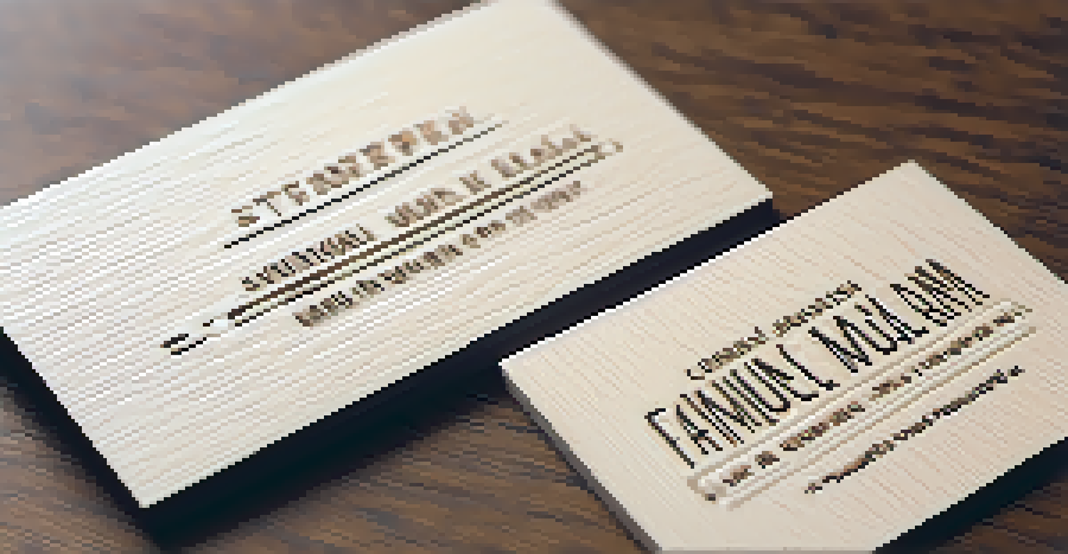 Business card with embossed typography resembling carved wood, illuminated with soft light against a textured background.