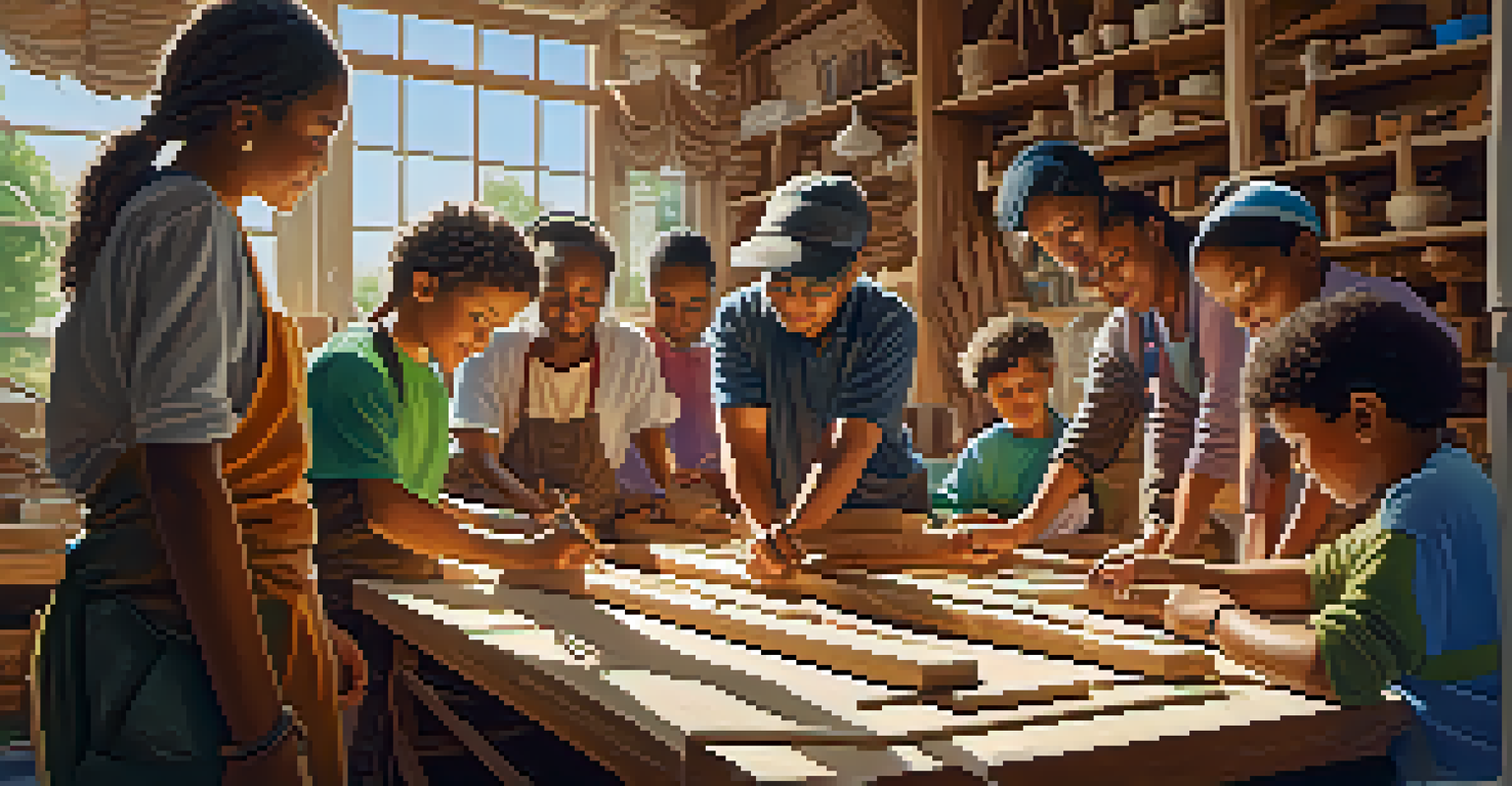 A lively community workshop with people of various ages collaborating on a large wooden sculpture in a sunlit room.