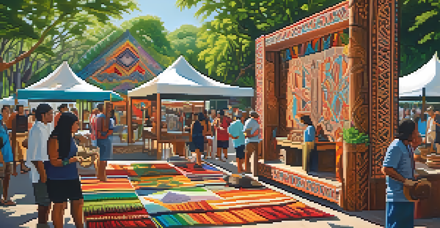 An outdoor art fair featuring Indigenous carvings, artisans engaging with visitors, and colorful surroundings.