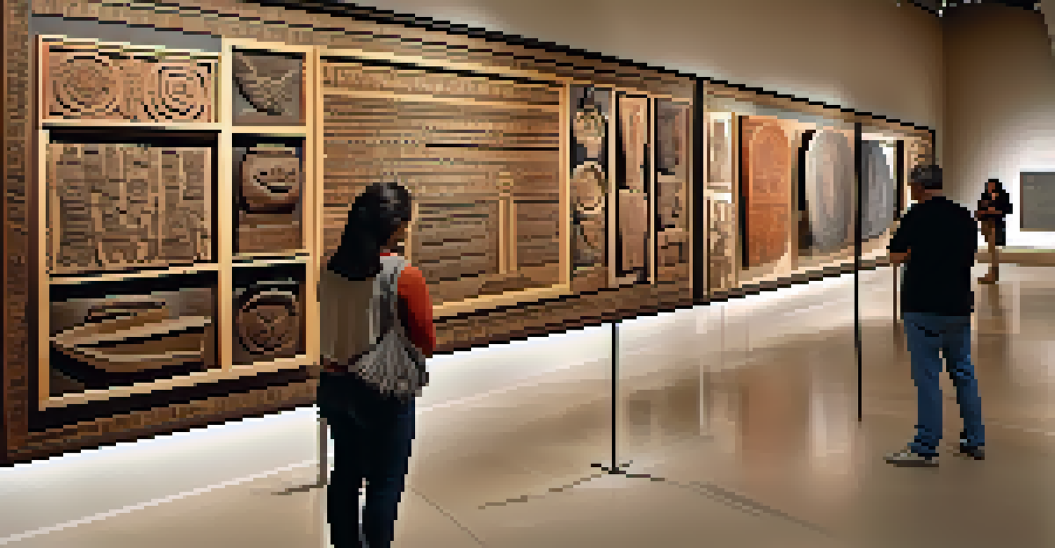 A museum exhibit showcasing traditional and contemporary Indigenous carvings, with visitors engaging with the artworks.