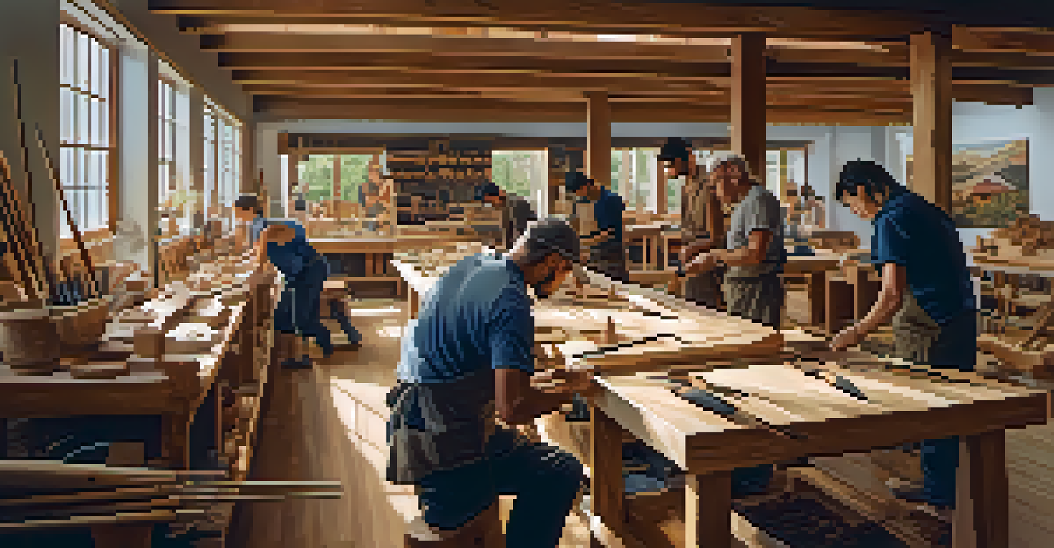 An artist working on a wooden canoe in a bright workshop, surrounded by various carved artworks and natural light.