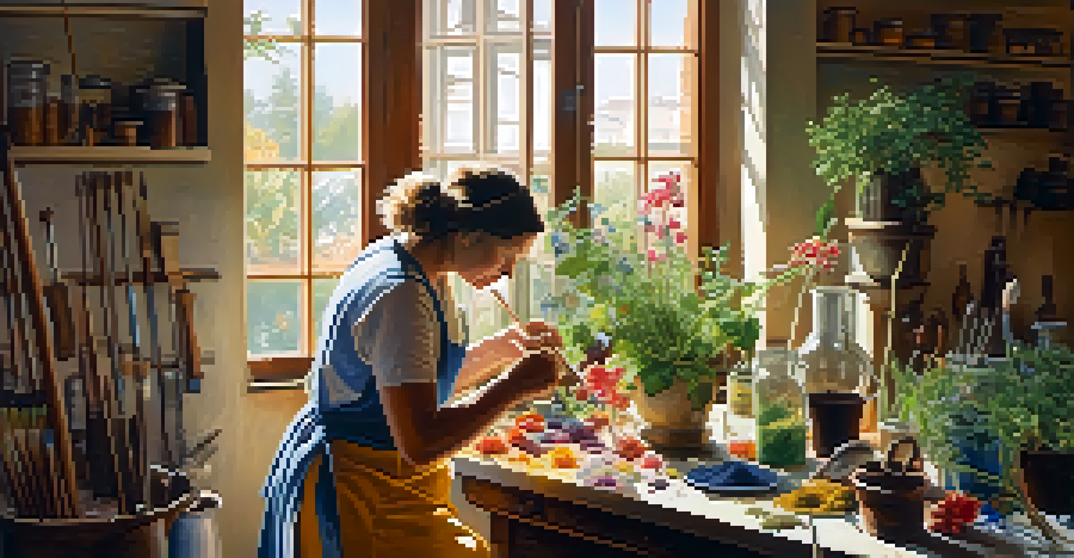 An artist extracting natural pigments from plants in a sunlit studio.