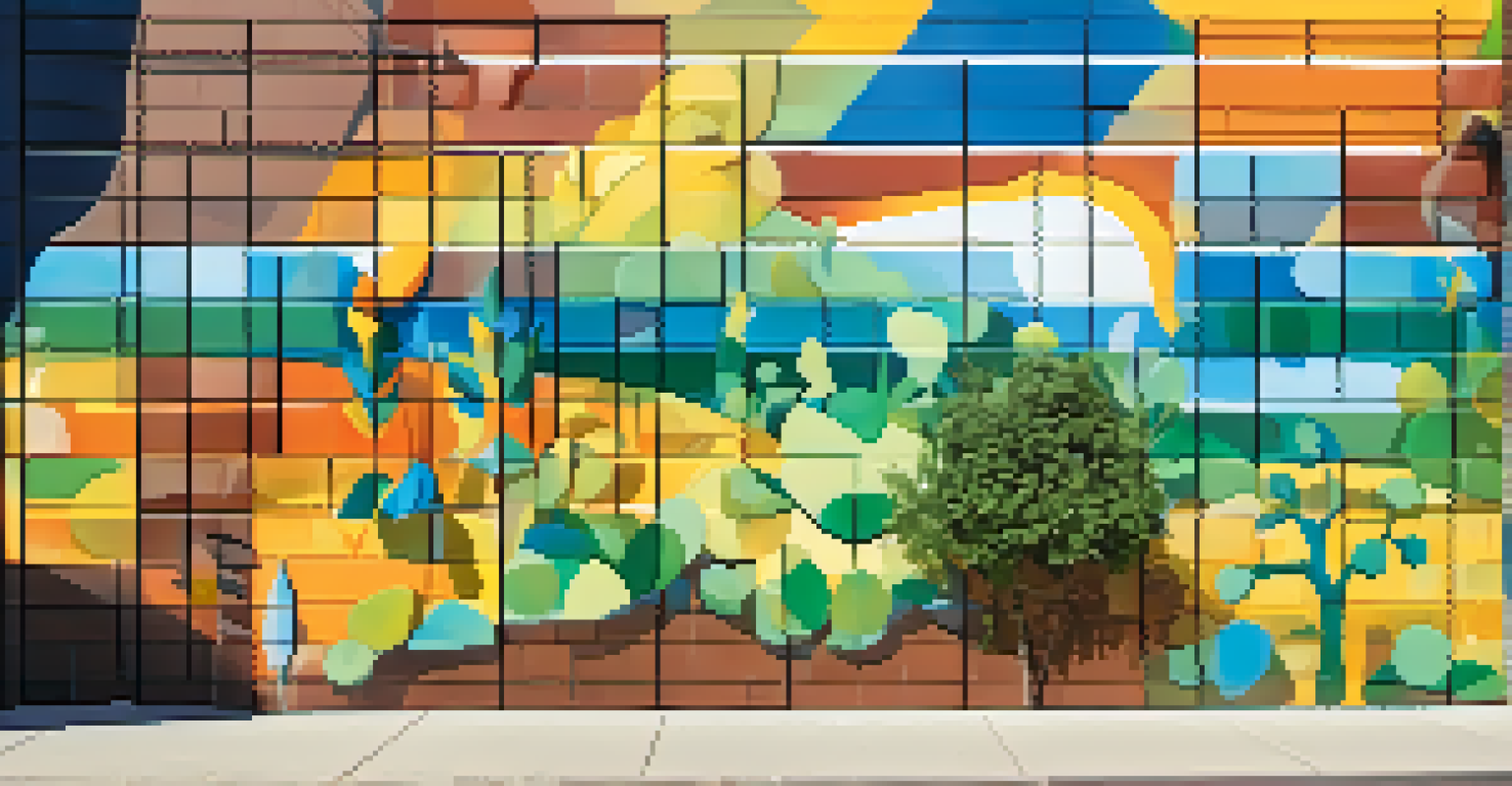 A vibrant mural made from recycled materials on a brick wall, surrounded by greenery and illuminated by sunlight.