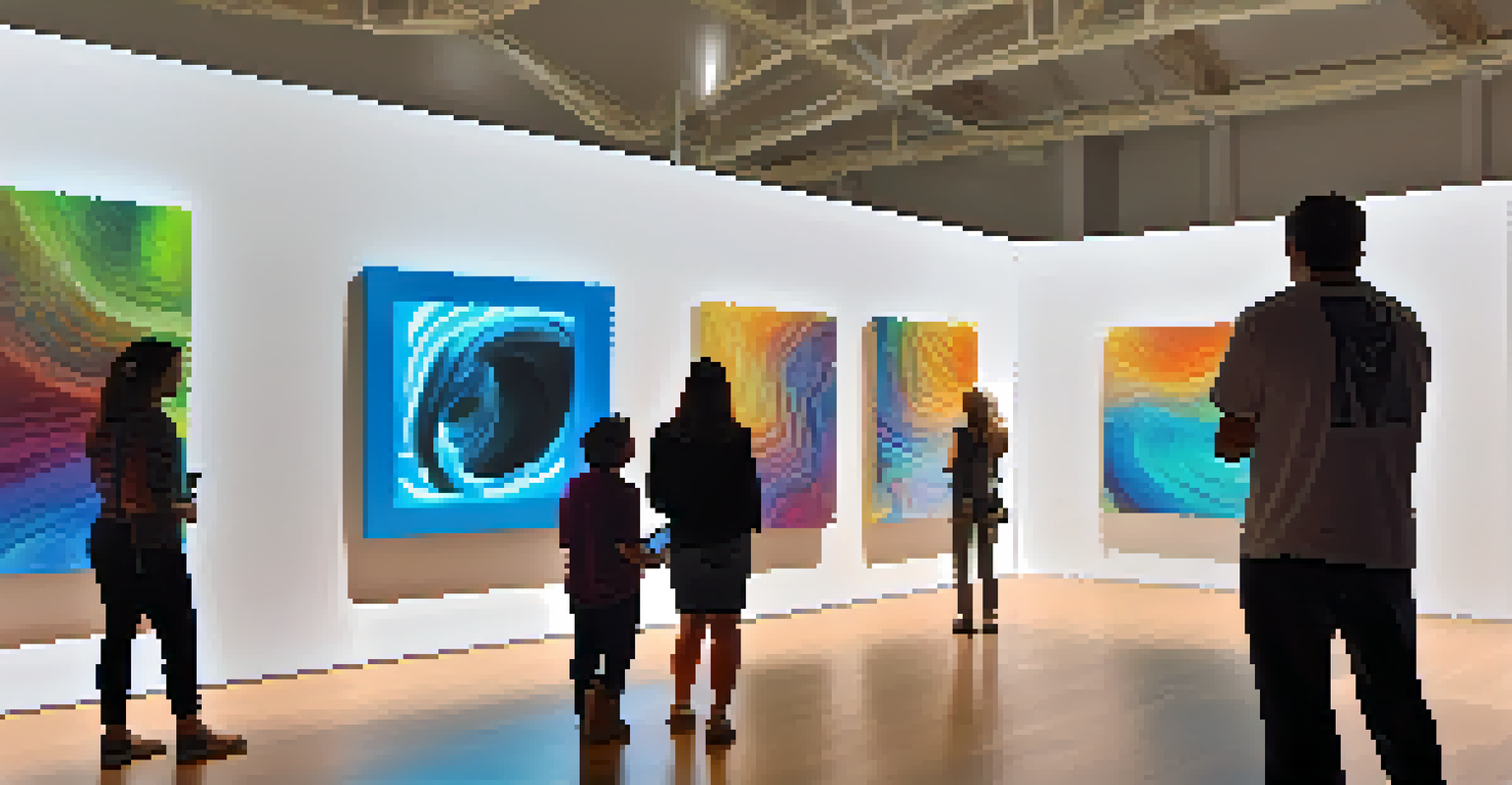 Visitors at a modern art exhibition using digital carving tools in a bright gallery with colorful walls and screens showing virtual carvings.