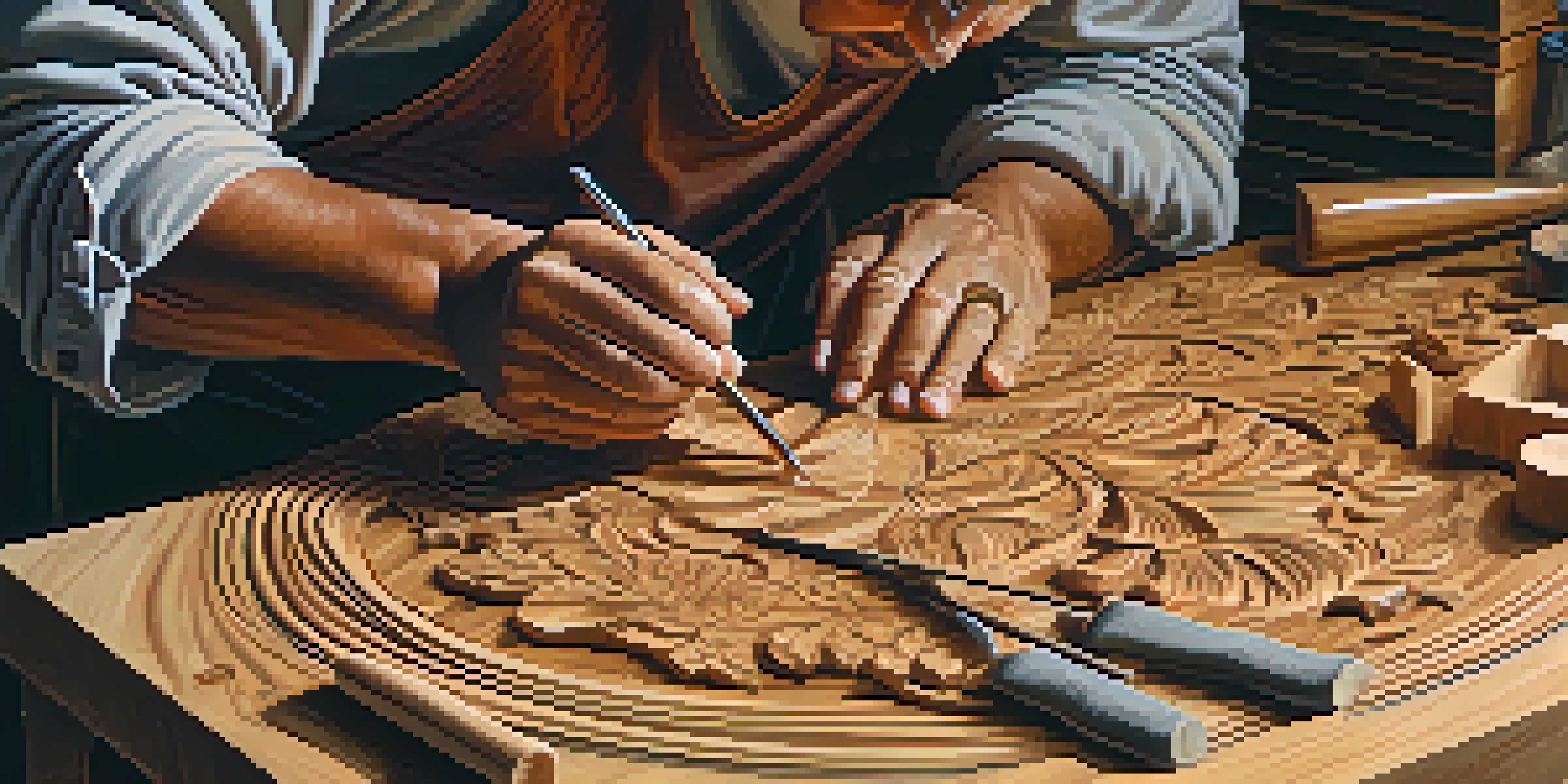 An artisan carving wood surrounded by tools and wood shavings in a warmly lit workshop.