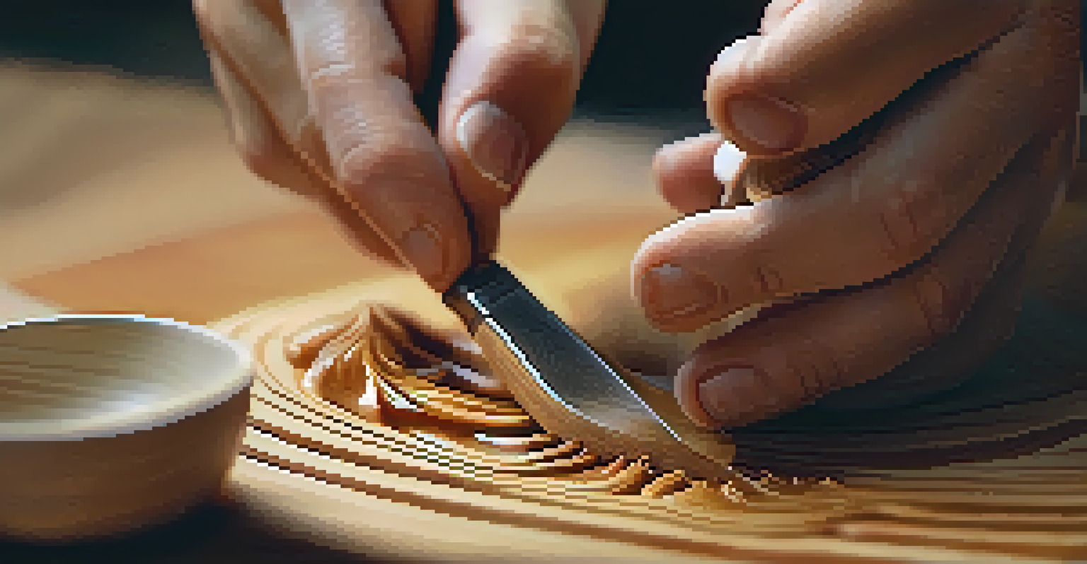 Close-up of hands carving a simple wooden spoon with a knife, surrounded by wood shavings, with a blurred background.