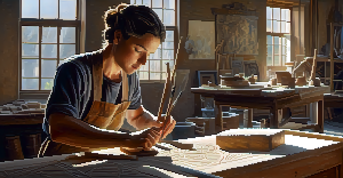 A sculptor working on a stone sculpture in a sunlit studio, surrounded by tools and art pieces.