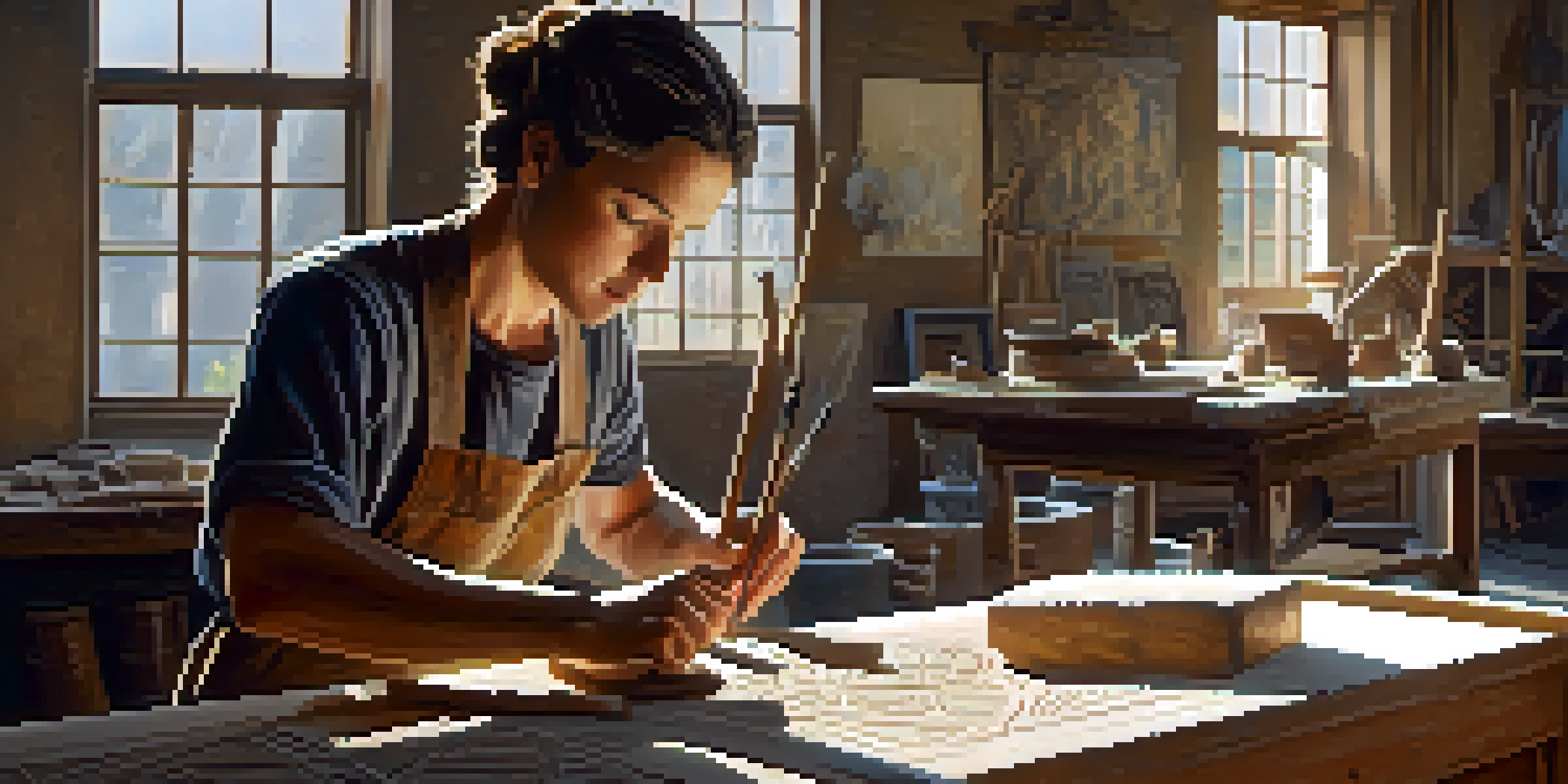 A sculptor working on a stone sculpture in a sunlit studio, surrounded by tools and art pieces.