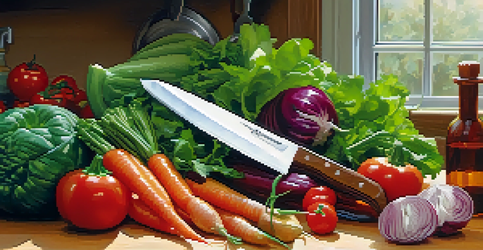 A close-up of a wooden countertop with fresh vegetables and a sharp knife, in a well-lit kitchen setting.
