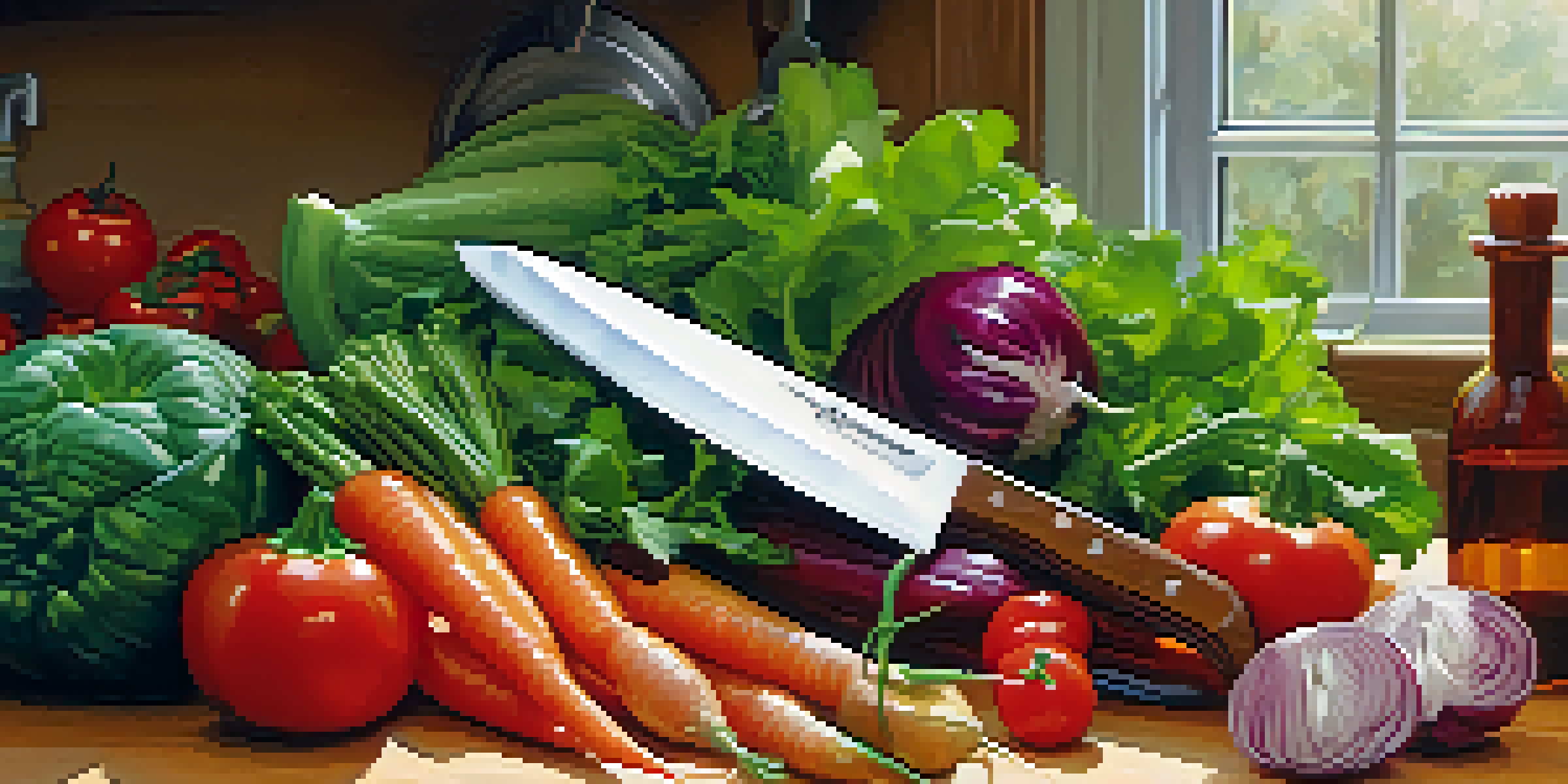 A close-up of a wooden countertop with fresh vegetables and a sharp knife, in a well-lit kitchen setting.