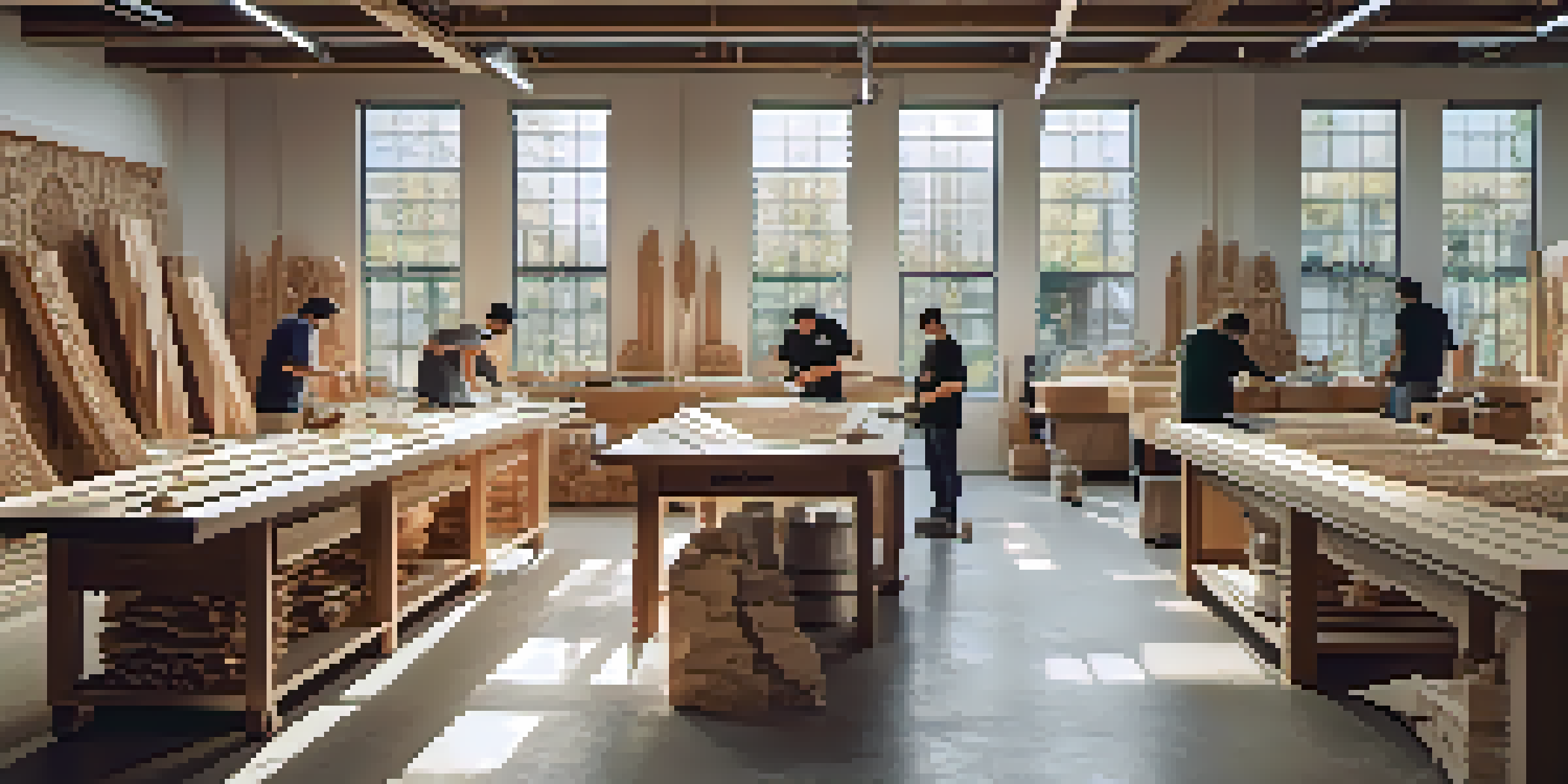 A bright workshop with artisans using CNC machines to carve intricate designs in wood and stone, illuminated by natural light.