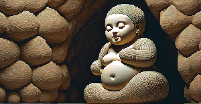 A detailed sculpture of the Venus of Willendorf against a cave wall, with warm earthy tones and soft lighting.