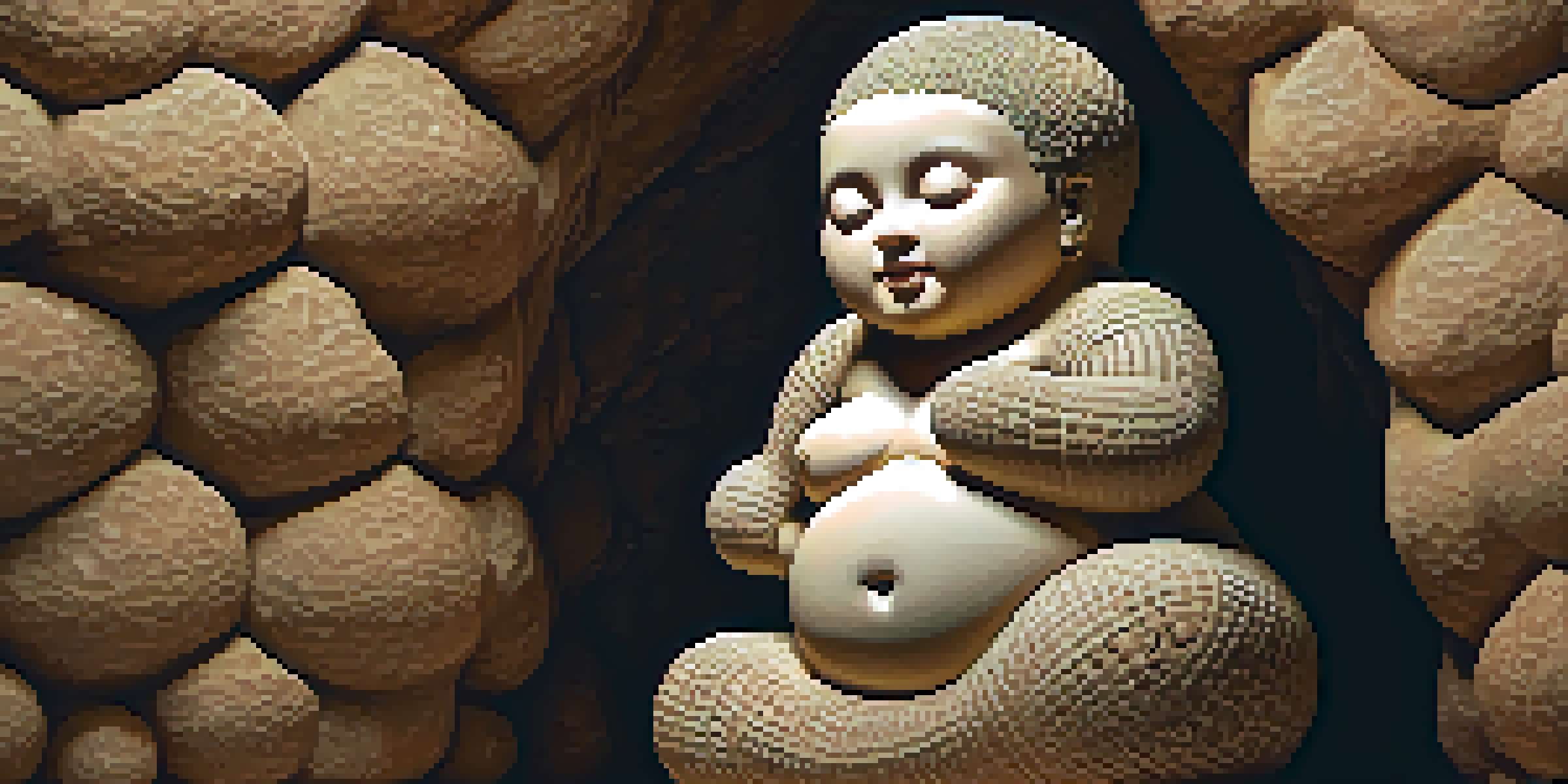 A detailed sculpture of the Venus of Willendorf against a cave wall, with warm earthy tones and soft lighting.