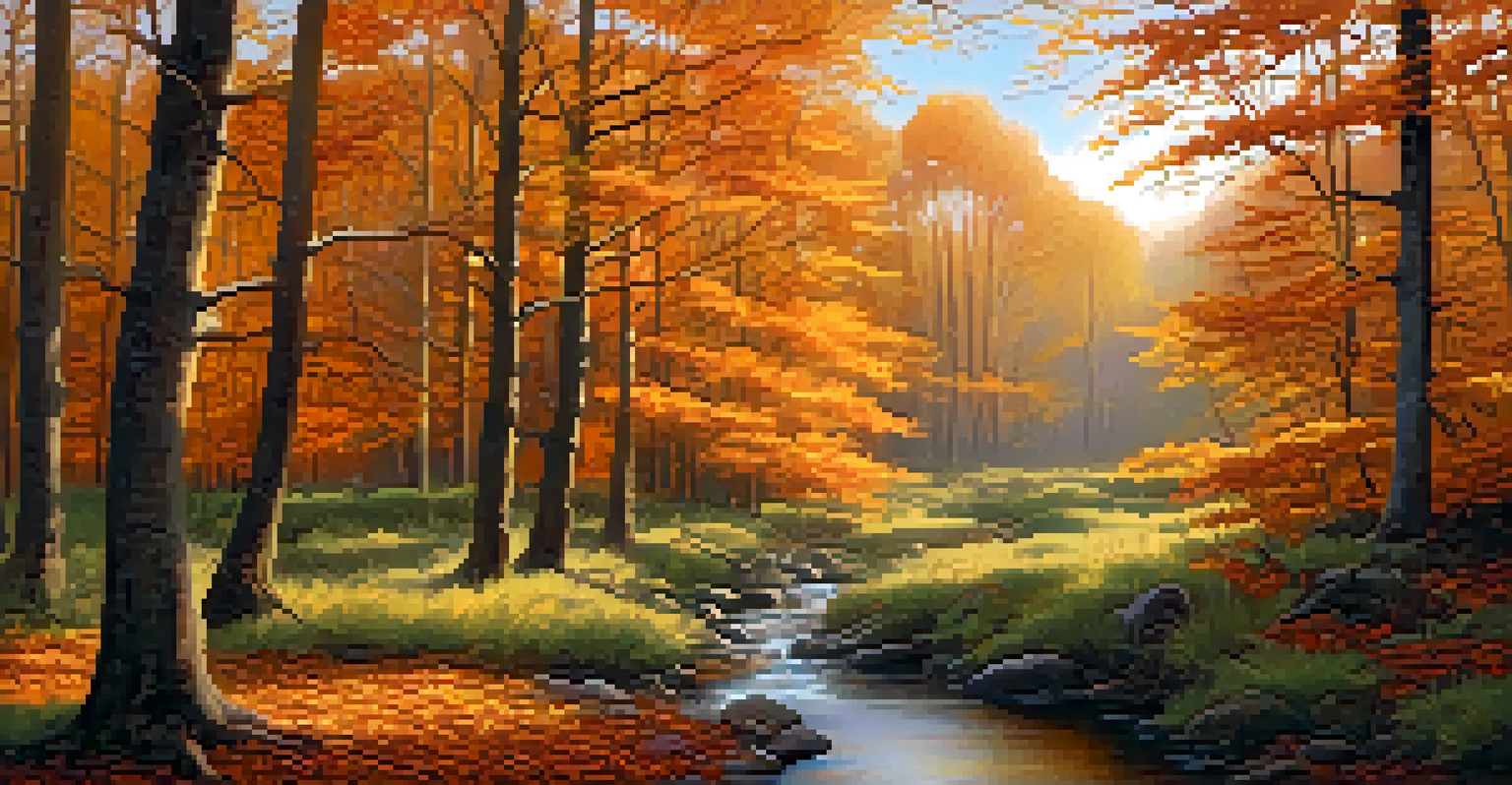 An autumn forest with colorful trees and a serene stream, illuminated by the warm light of the setting sun.