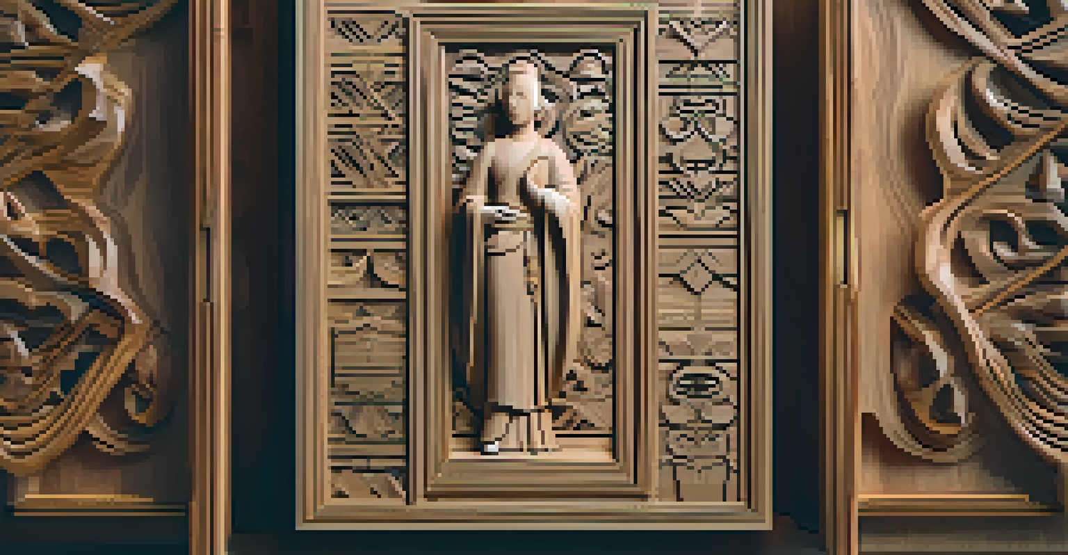 A hand-carved wooden figure next to a digital display of intricate designs, showcasing the blend of traditional and digital carving techniques.