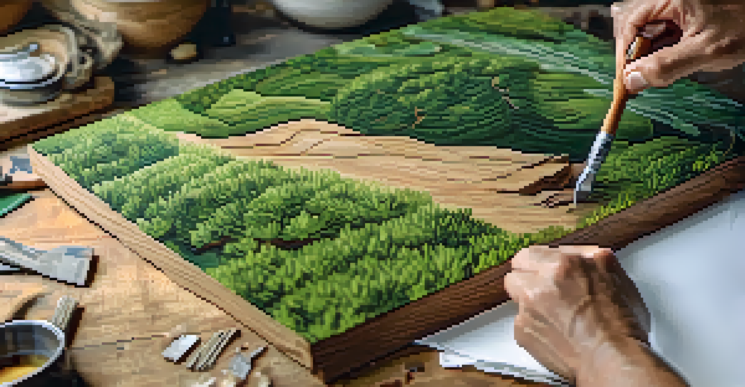 Reclaimed wood set against greenery, with hands holding a chisel, ready for carving.