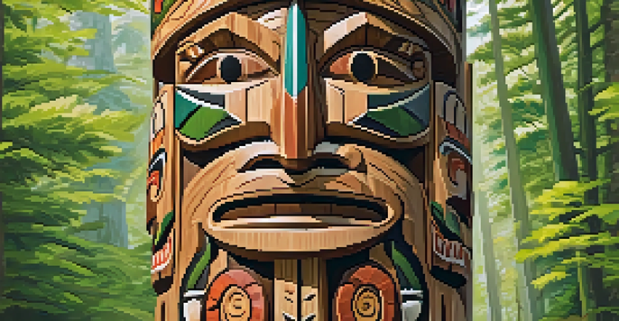 A close-up of a detailed wooden totem pole with symbols and figures, set against a green forest background with sunlight filtering through the leaves.