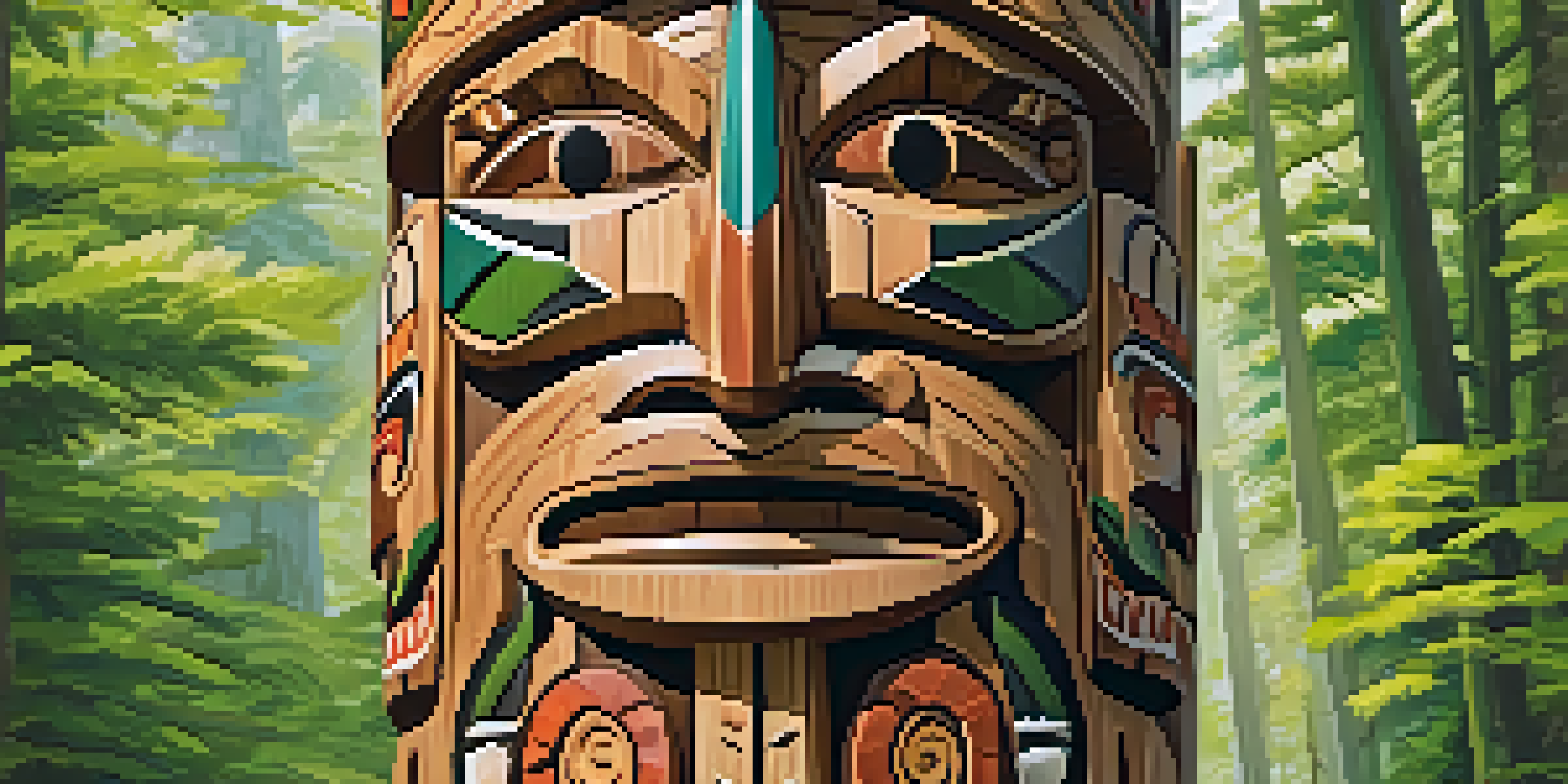 A close-up of a detailed wooden totem pole with symbols and figures, set against a green forest background with sunlight filtering through the leaves.