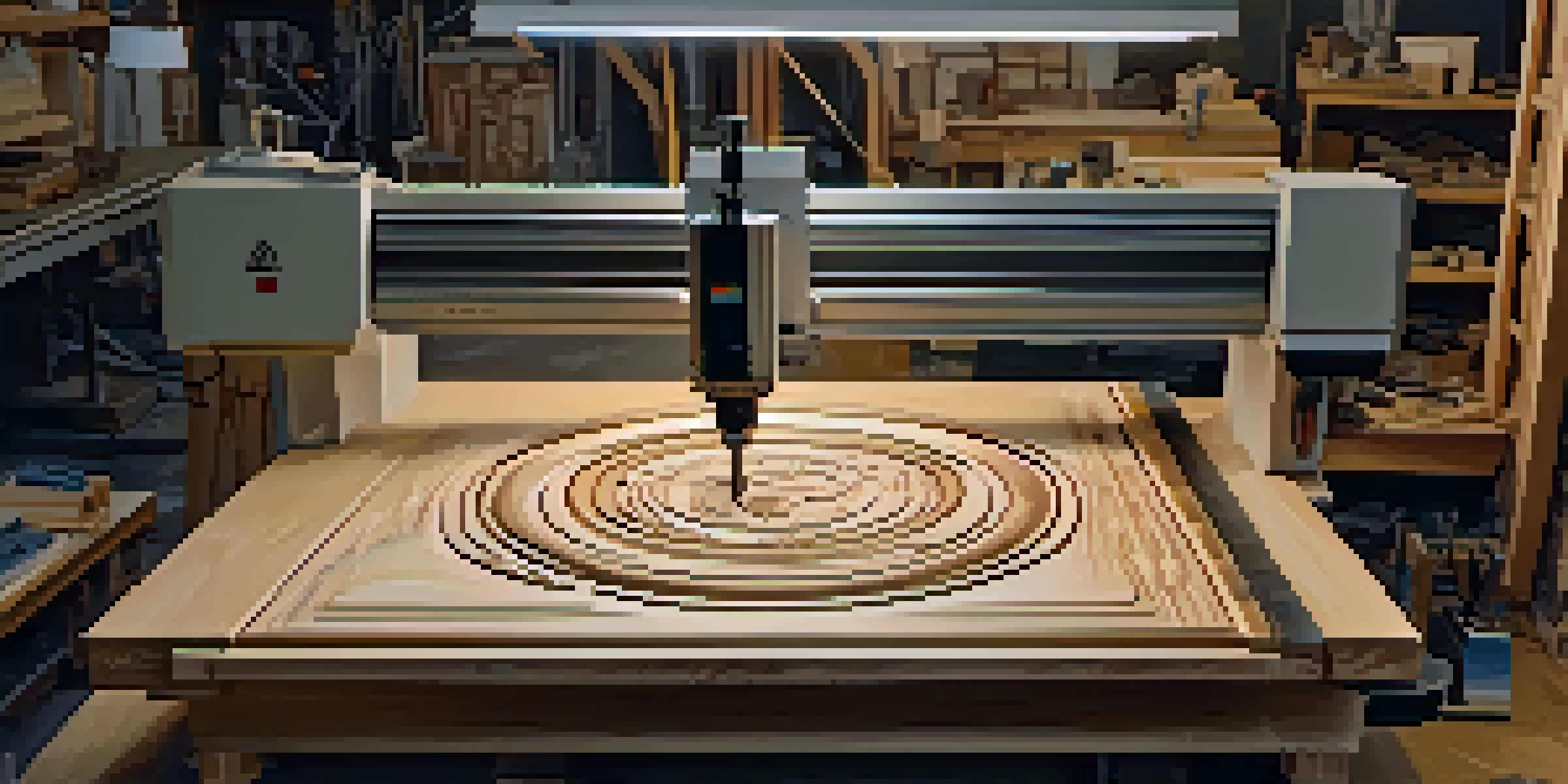 A digital carving machine engraving patterns on wood and stone in a well-lit workshop.