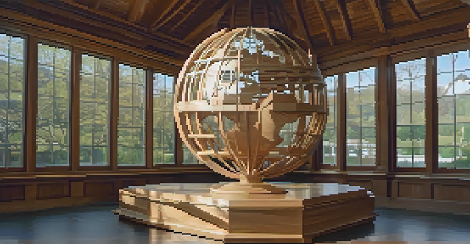 A beautifully carved wooden sculpture depicting hands of various cultures holding a globe, illuminated by sunlight in a gallery.