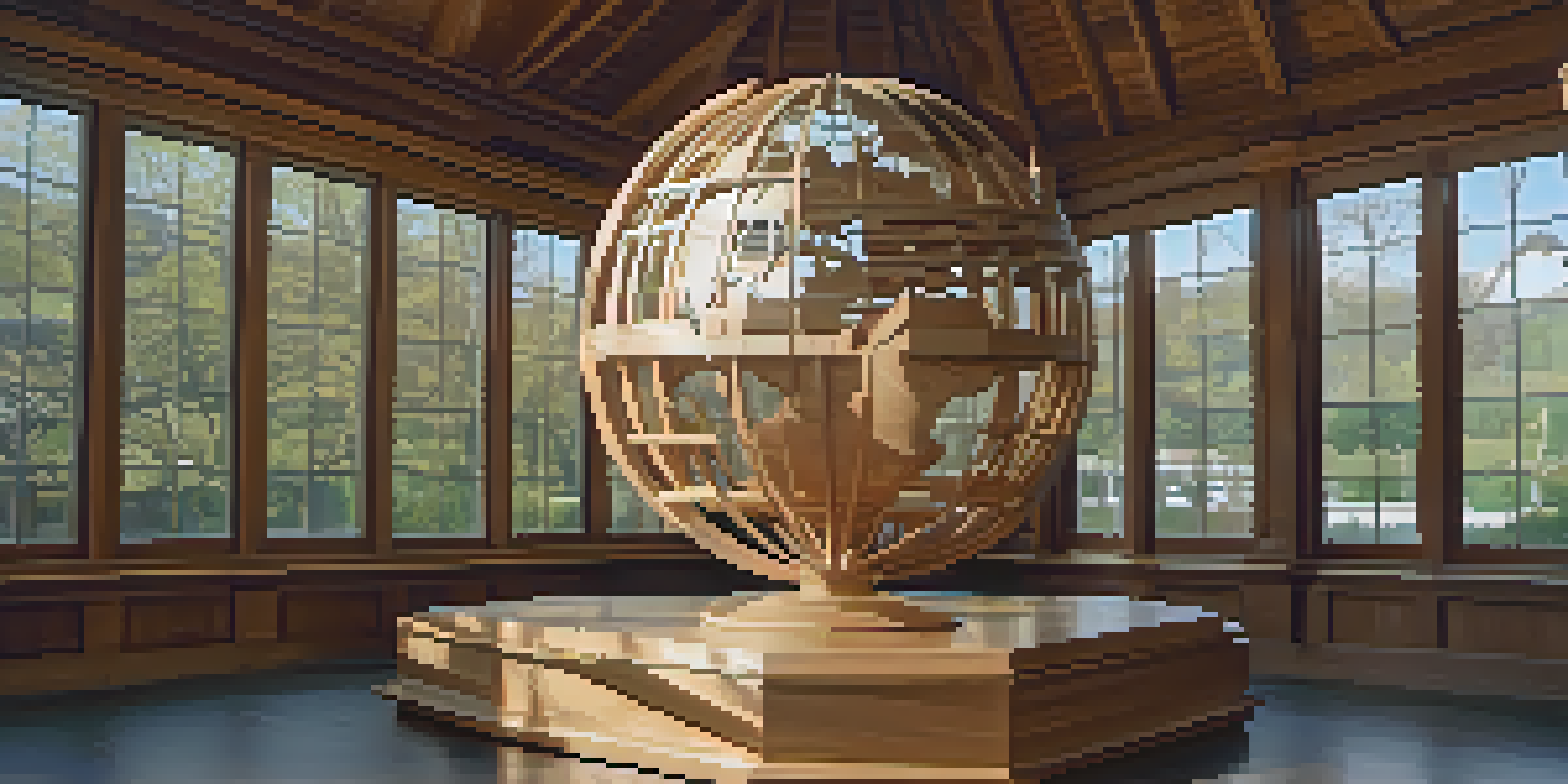 A beautifully carved wooden sculpture depicting hands of various cultures holding a globe, illuminated by sunlight in a gallery.