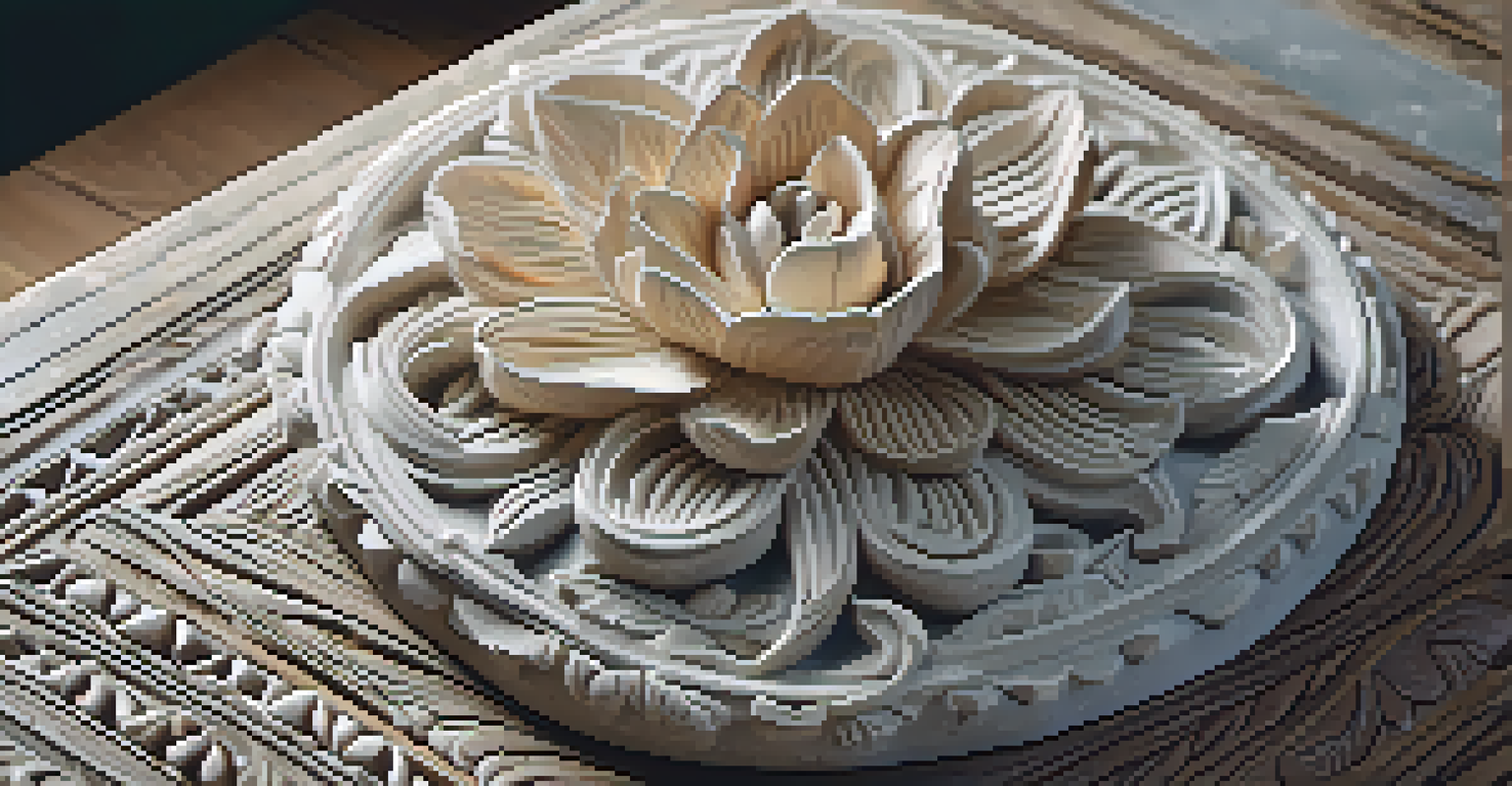 A detailed close-up of a stone sculpture with floral patterns, displayed on a wooden table under soft natural light.