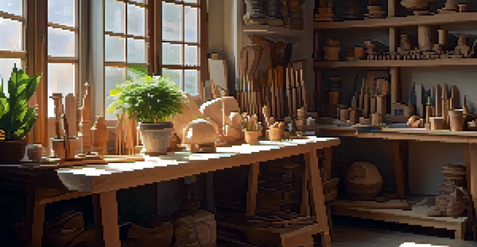An organized indoor carving space with a wooden workbench, carving tools, and a potted plant under warm sunlight.