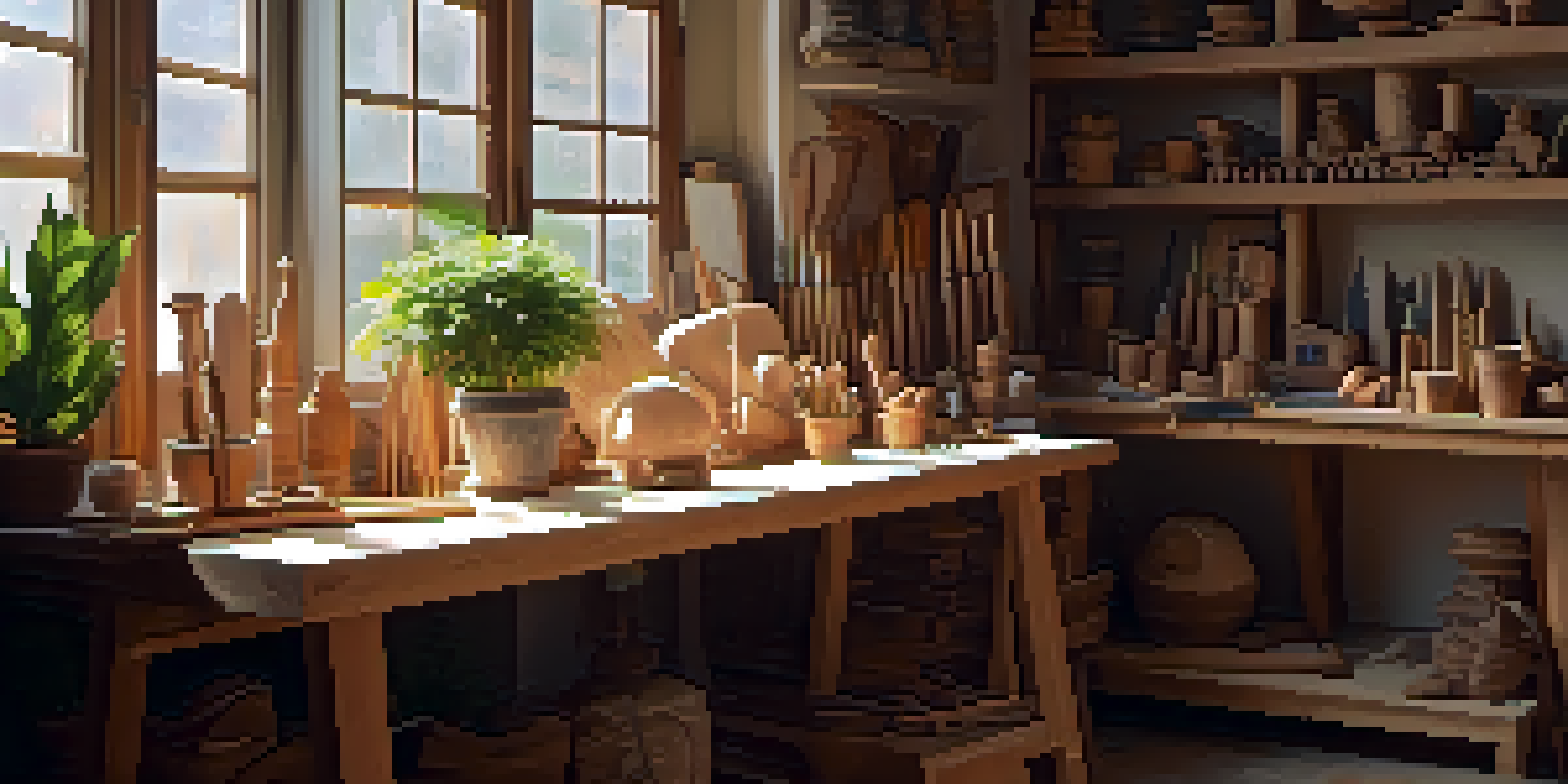 An organized indoor carving space with a wooden workbench, carving tools, and a potted plant under warm sunlight.