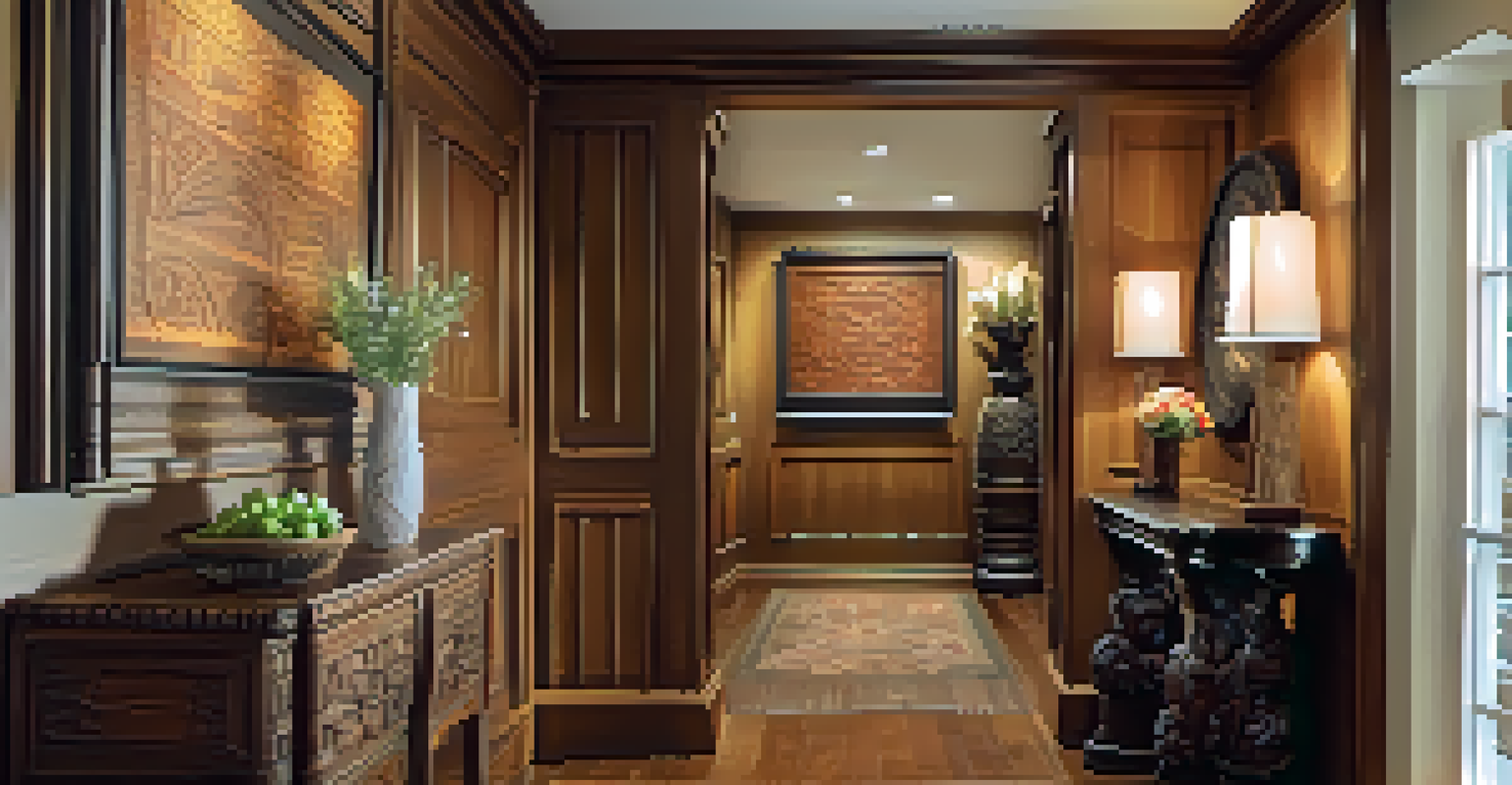 An artistic hallway with a carved accent table and wall hanging, highlighted by spotlights.
