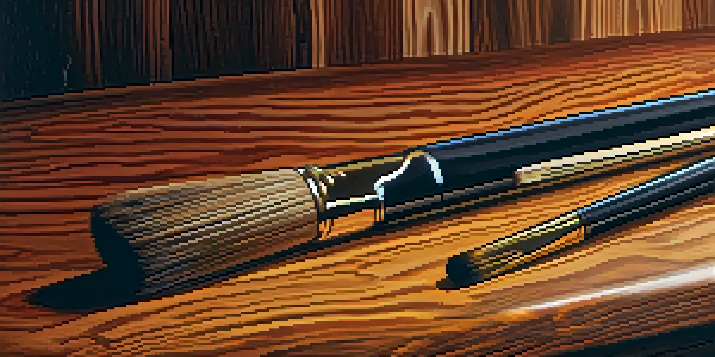 A close-up view of a stained oak wood surface with rich colors and visible grain patterns, illuminated by warm light.