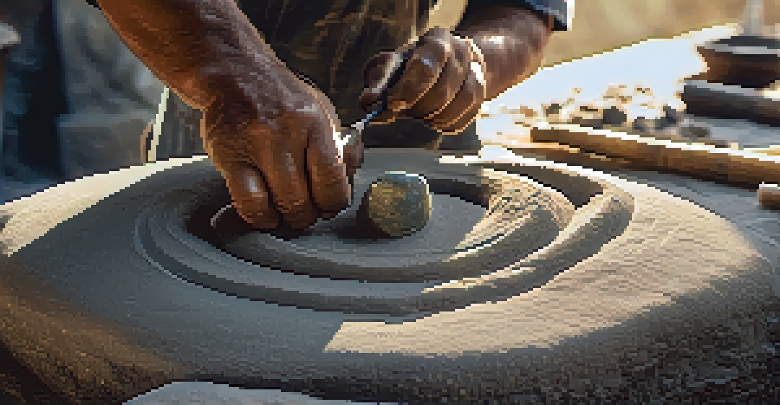 A close-up of an artisan carving stone, highlighting the textures and tools used in the craft.