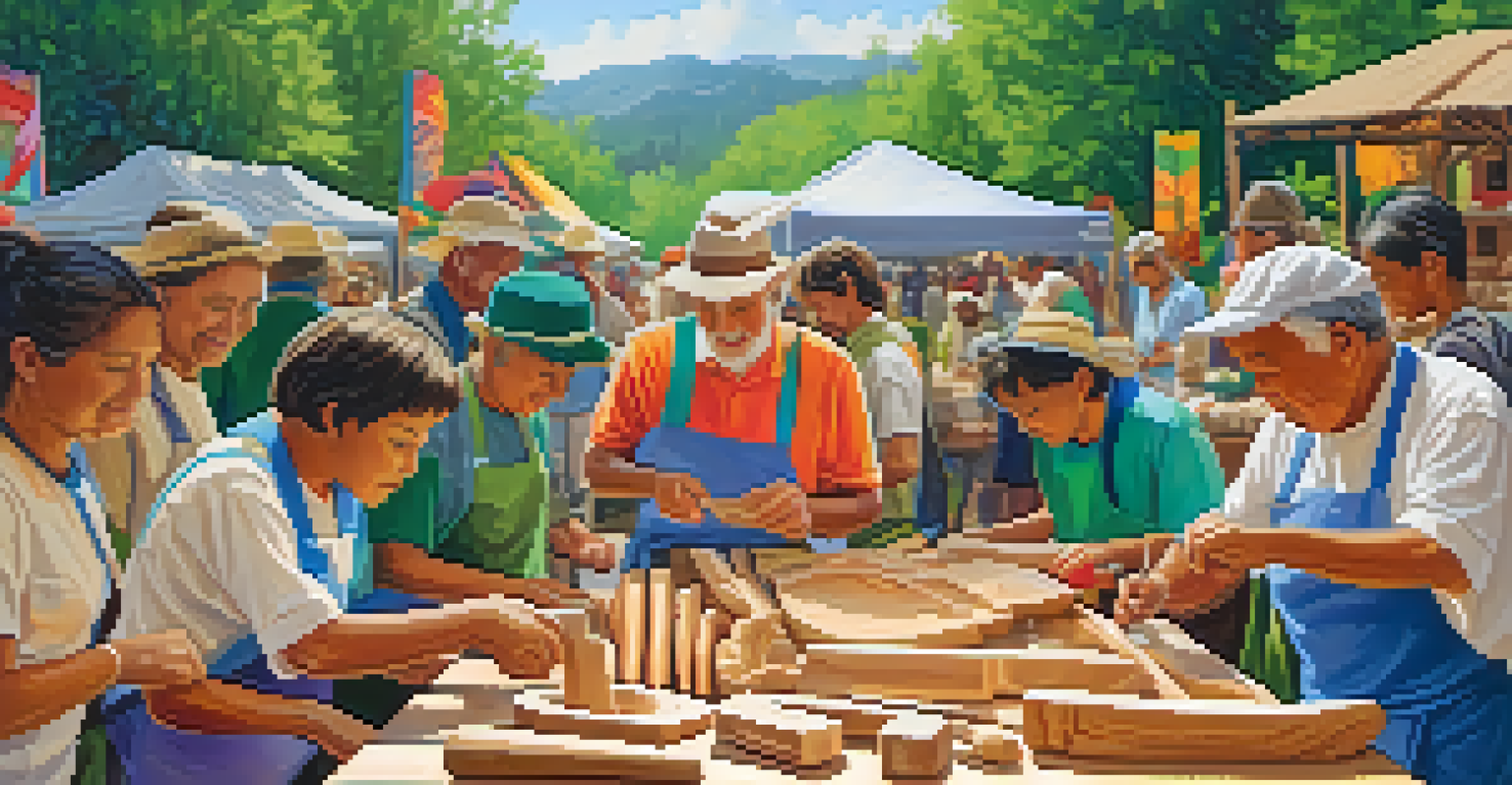 A community event with artisans demonstrating eco-friendly carving techniques amidst greenery.