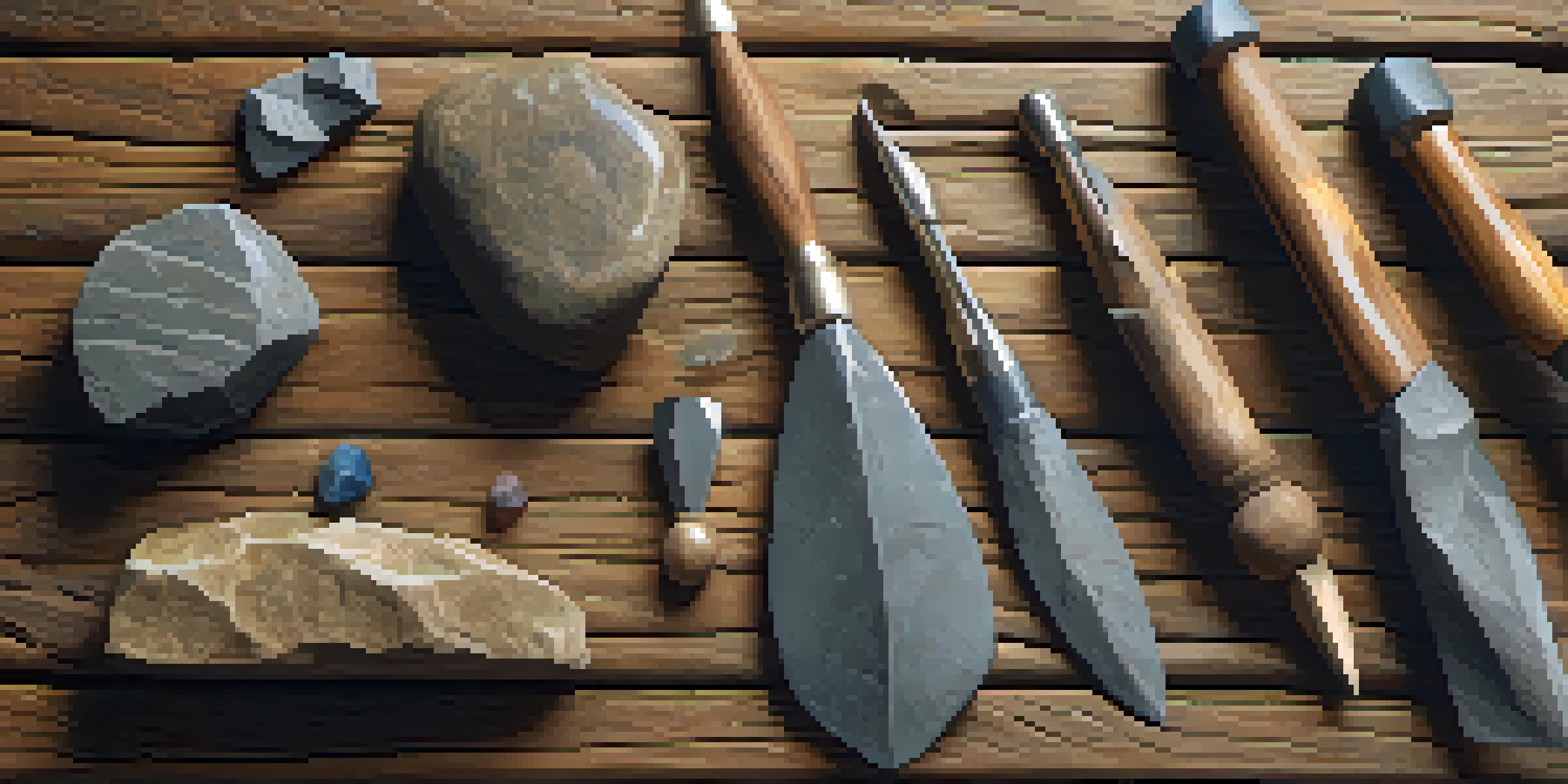 Close-up of ancient stone carving tools on a wooden surface, showcasing their intricate textures and craftsmanship, with soft natural light casting gentle shadows.