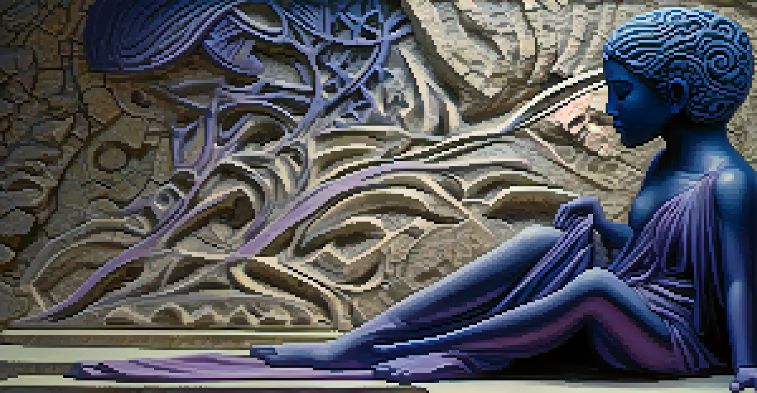 An abstract figure emerging from a stone block, symbolizing transformation with intricate carvings.