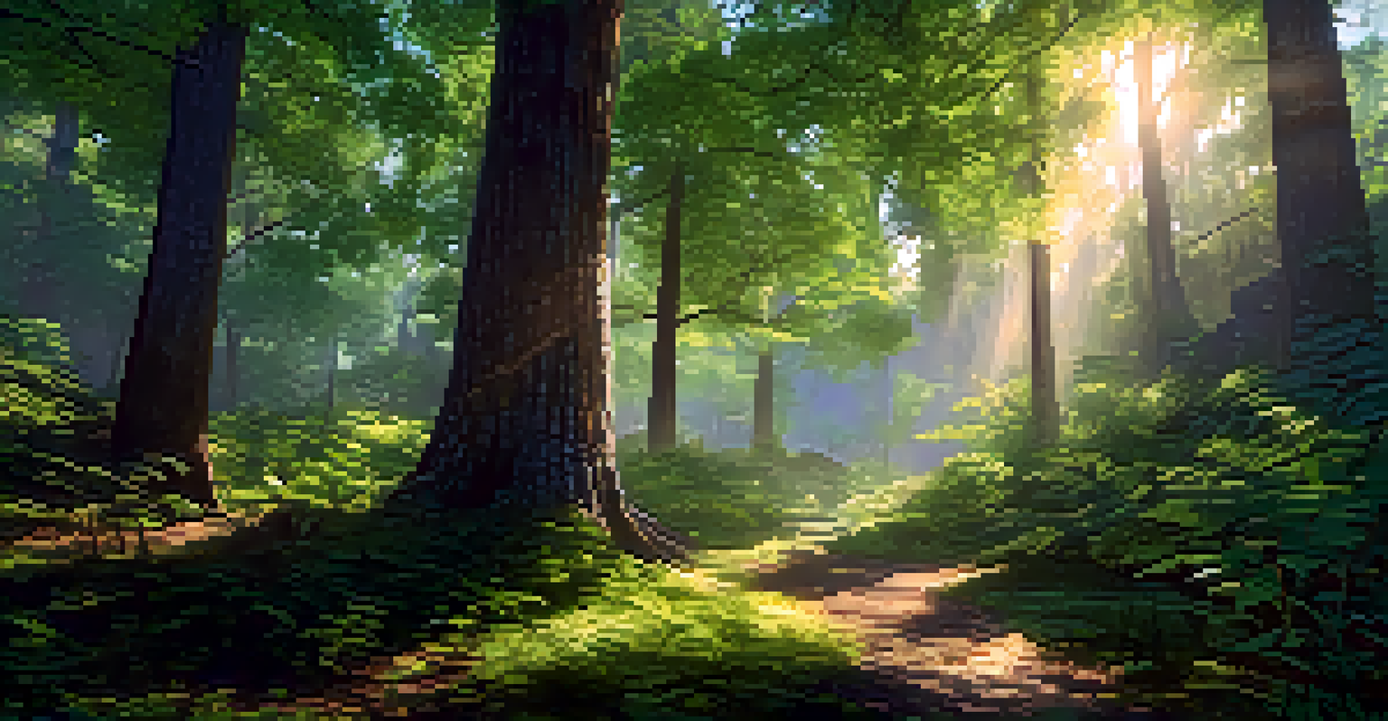 A vibrant open-world game environment with a lush forest, featuring detailed trees and sunlight filtering through the leaves.