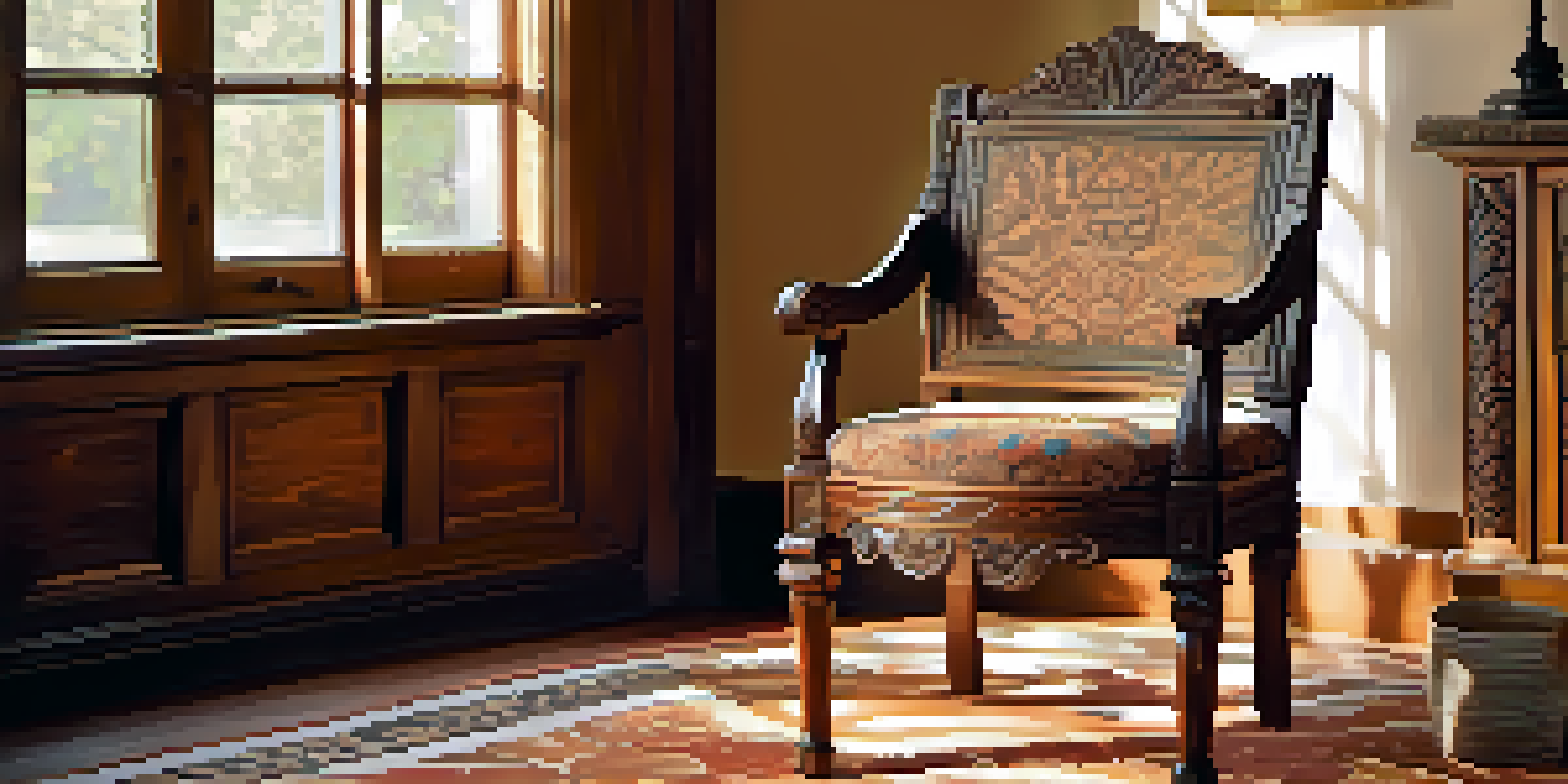 A detailed view of a wooden chair with intricate floral carvings, illuminated by sunlight in a warm-toned room.