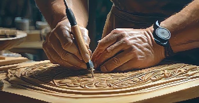 A close-up of a person's hands using carving tools on a piece of wood, focusing on intricate patterns in the wood.