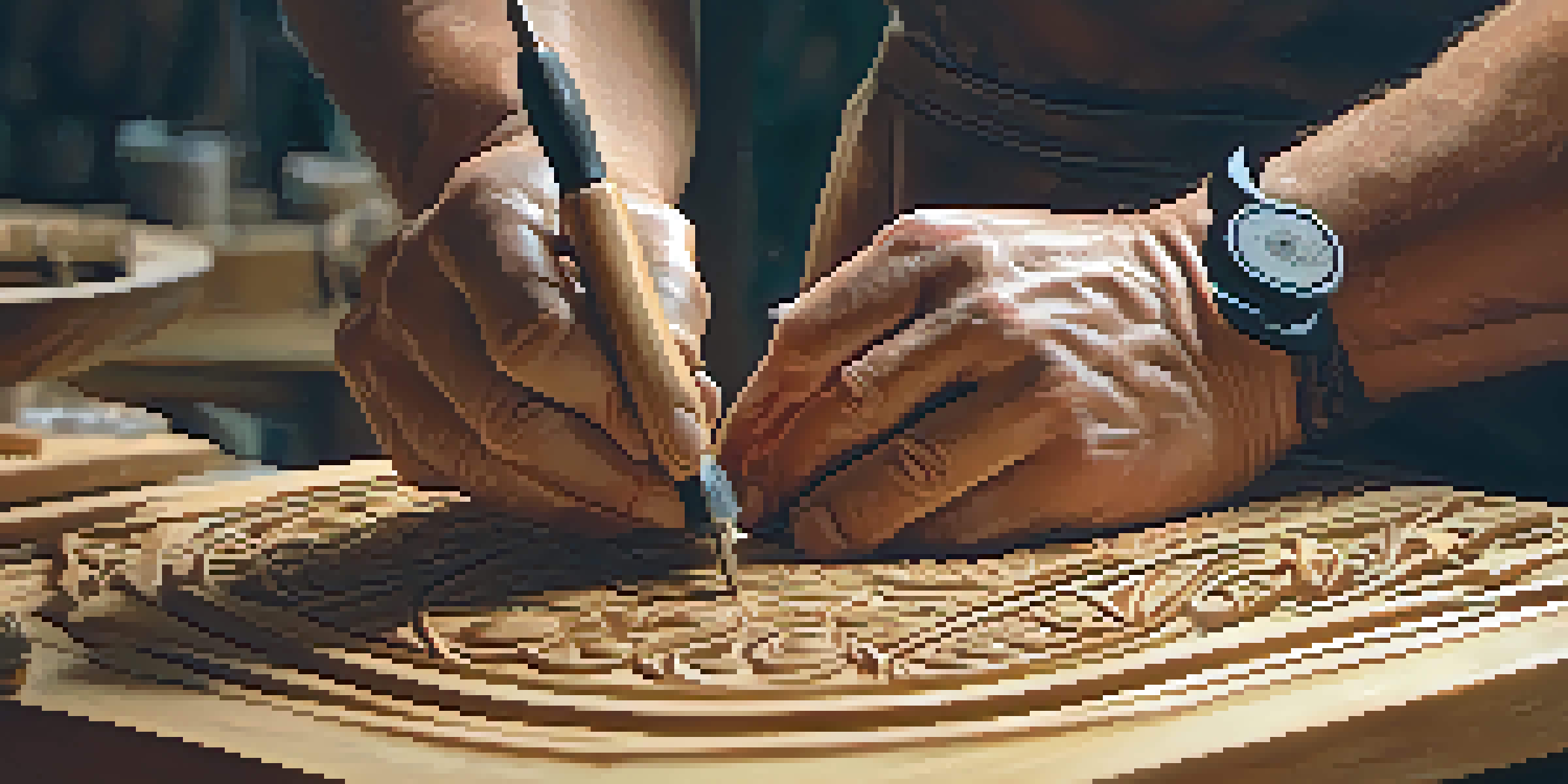 A close-up of a person's hands using carving tools on a piece of wood, focusing on intricate patterns in the wood.