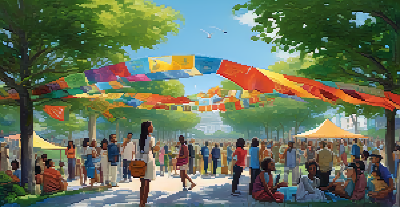 A vibrant community event in a landscaped park with cultural carvings, where diverse people interact and share stories, under a bright blue sky.