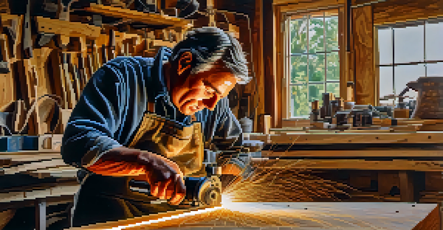 An artisan using an electric rotary carver on hardwood, surrounded by power tools in a bright workshop.