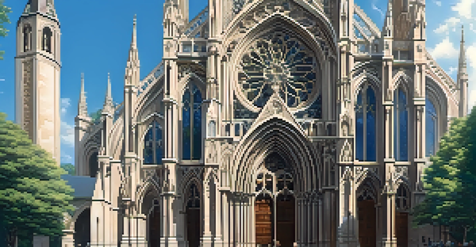 A Gothic cathedral facade featuring intricate stone carvings, pointed arches, and ribbed vaults under a clear blue sky.