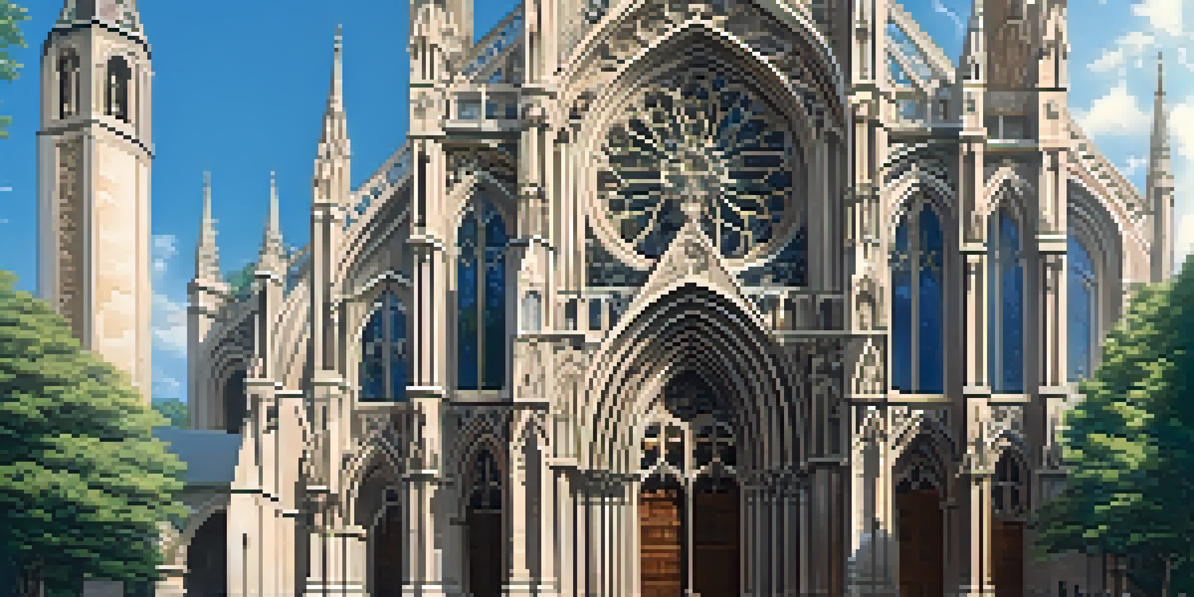 A Gothic cathedral facade featuring intricate stone carvings, pointed arches, and ribbed vaults under a clear blue sky.
