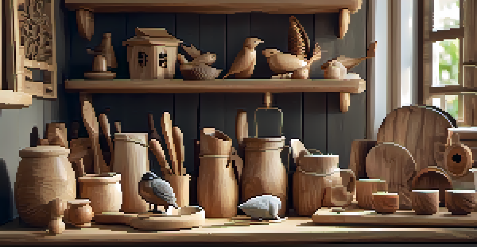 A display of finished wooden carvings including a spoon, animal figurine, and birdhouse in a rustic kitchen setting.