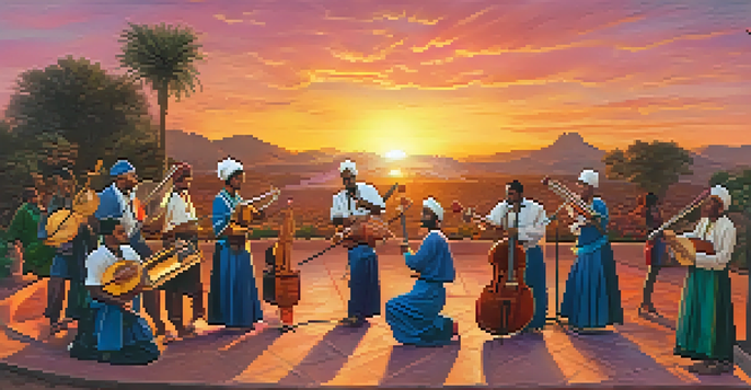 A group of diverse musicians playing traditional instruments in a circle during a sunset, with musical notes floating around them.