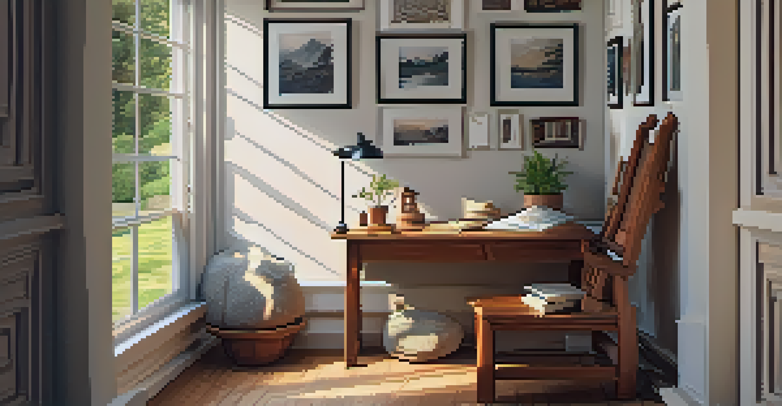 A cozy carving nook with a chair, table, and a carving project, along with a journal and cup of tea, creating a peaceful atmosphere.