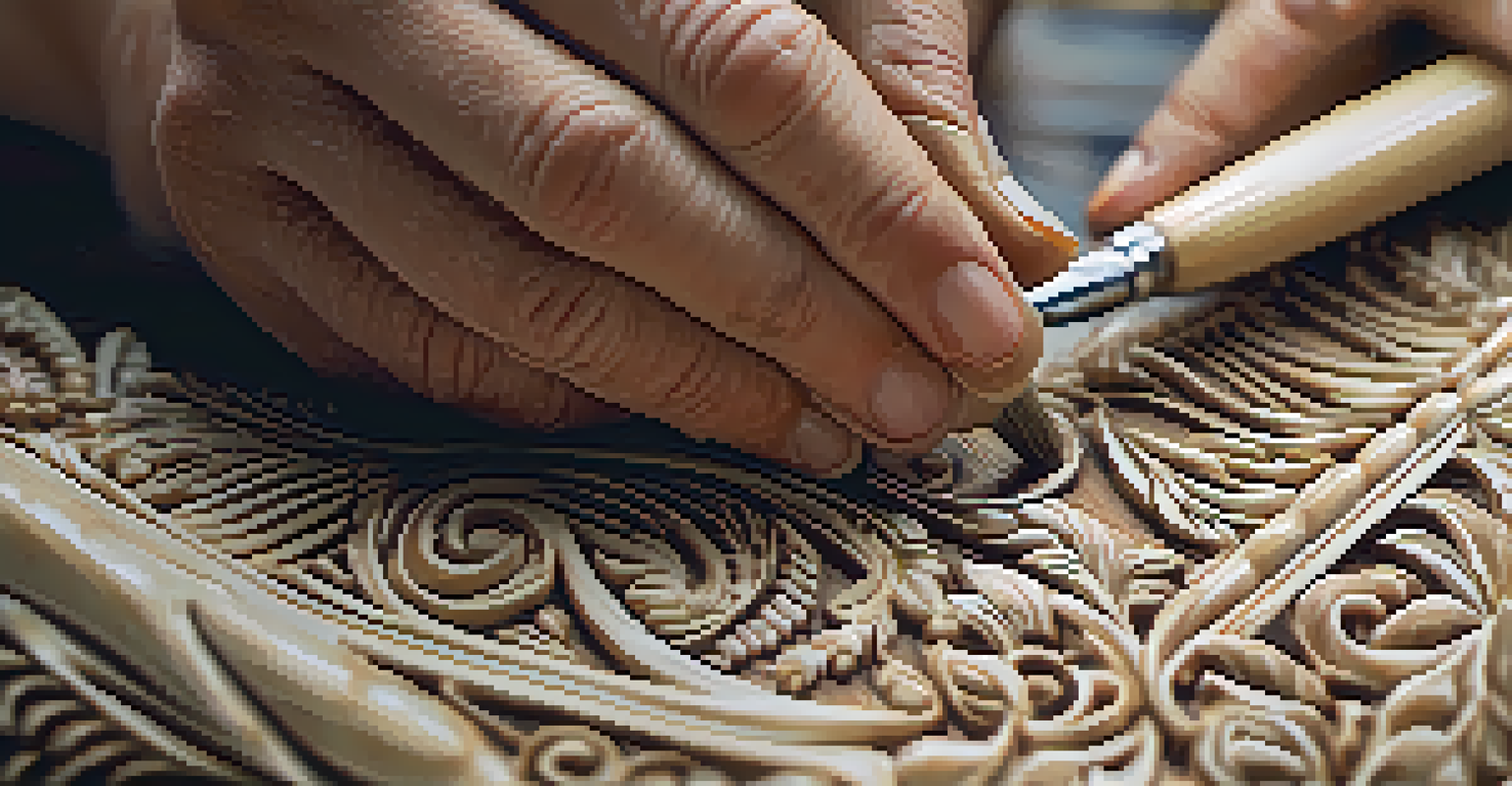 Close-up of an artisan's hands carving intricate patterns into ivory, showcasing the tools and the artisan's focused expression.