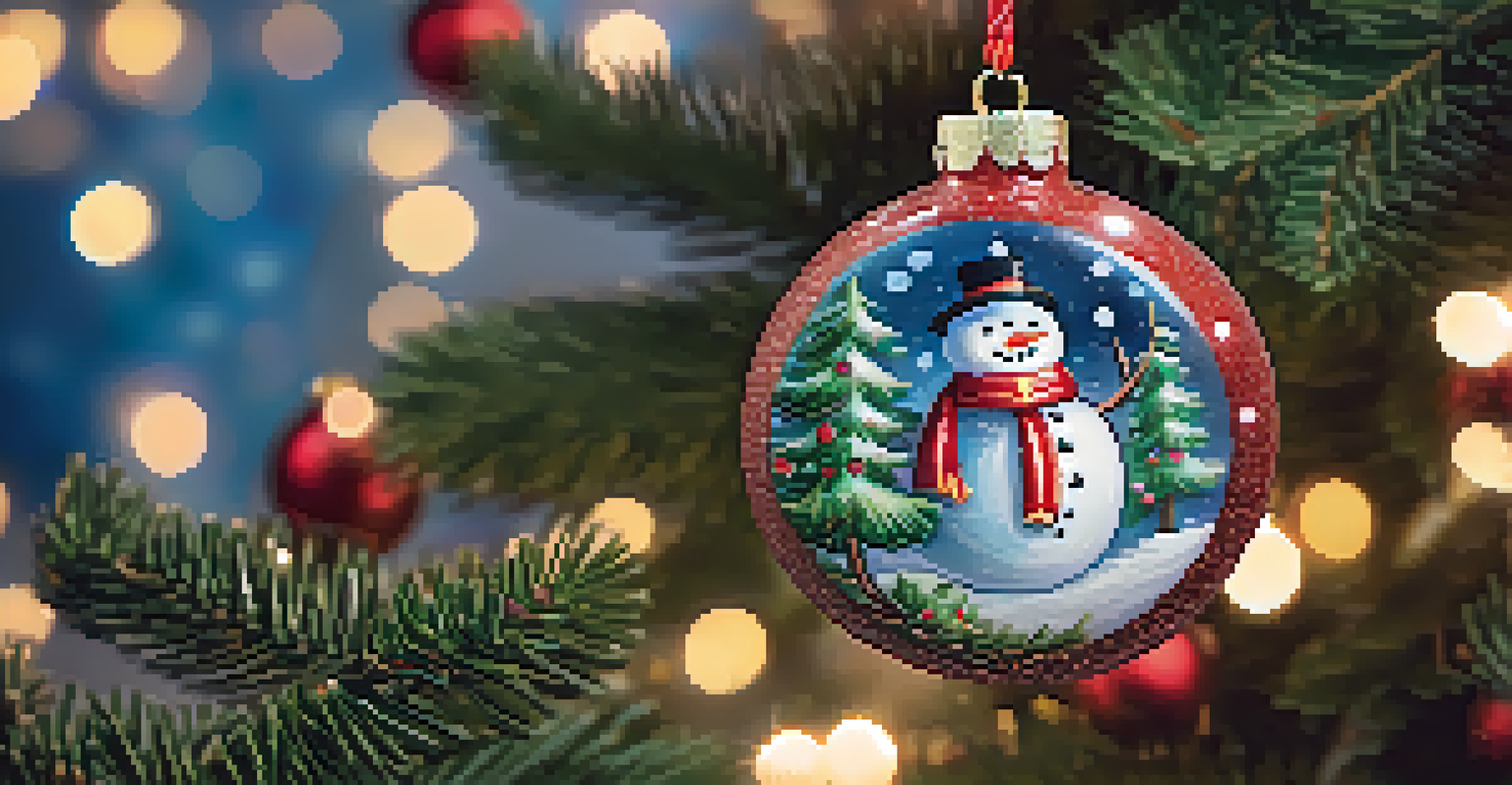 A decorated holiday ornament with a snowman design hanging on a tree branch, illuminated by soft light.