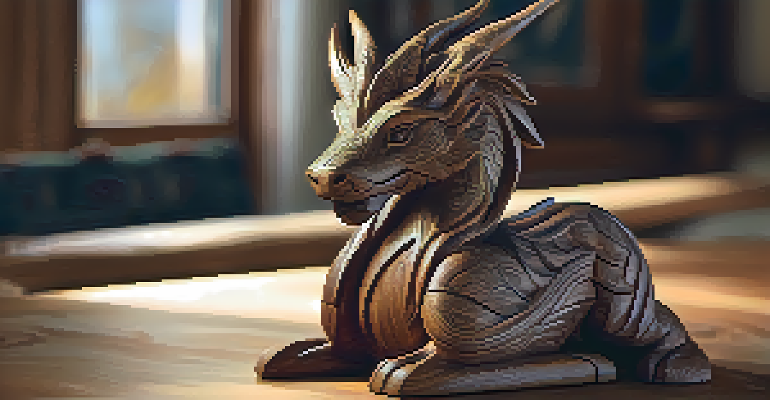 A detailed close-up of a wooden sculpture of a mythical creature on a rustic table.