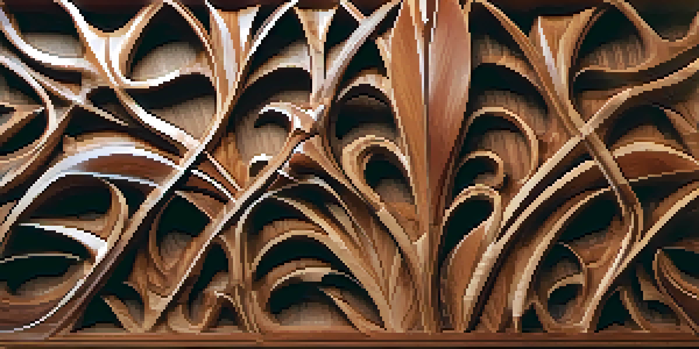 A detailed close-up of a wooden sculpture with leaf patterns, showcasing intricate carvings and warm wood tones under soft lighting.